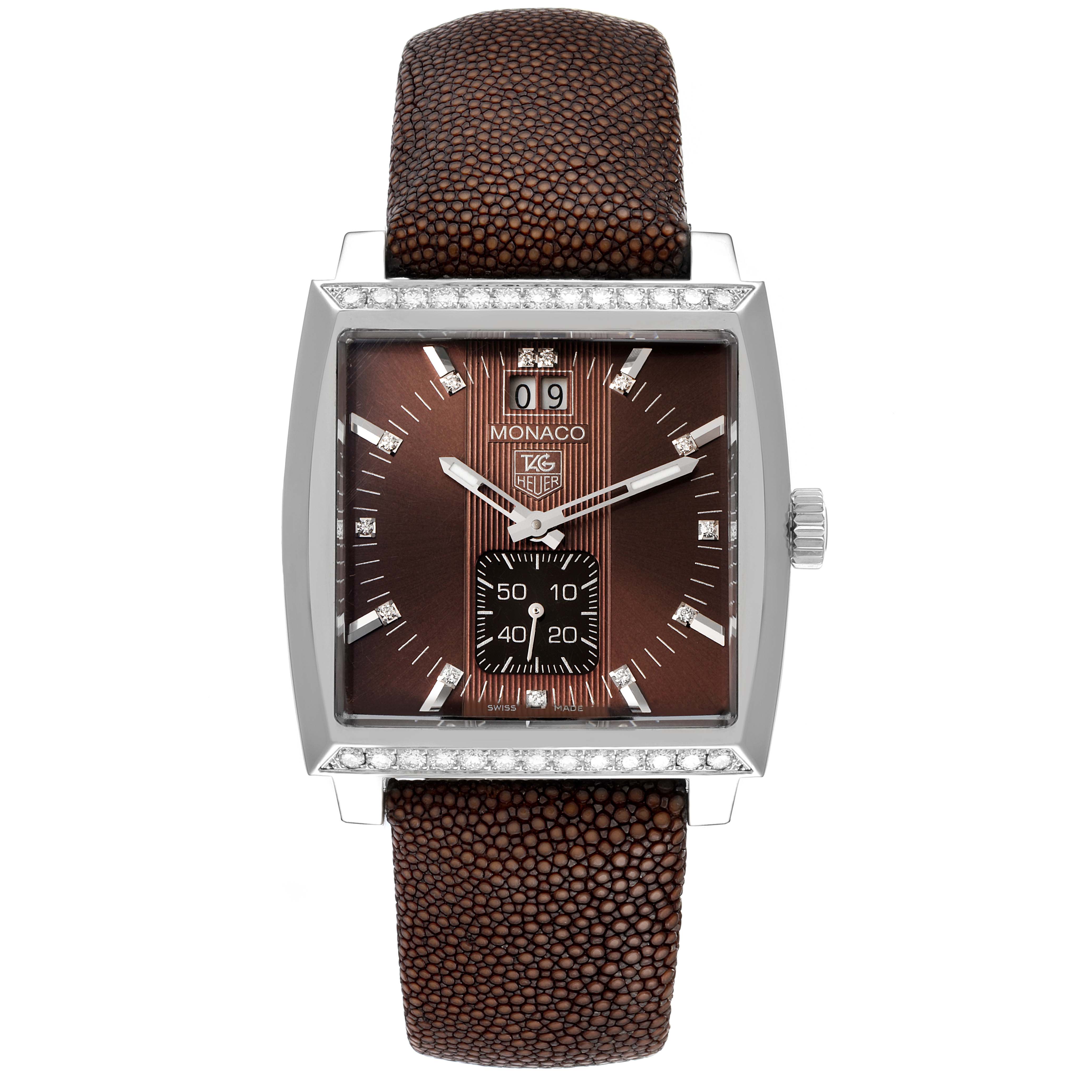 The image shows a full frontal view of the Tag Heuer Monaco WAW1316.EB0025 Men's Stainless Steel Brown Dial WAW1316.EB0025 Men's Stainless Steel Brown Dial watch, highlighting its brown dial, leather strap, and crown.