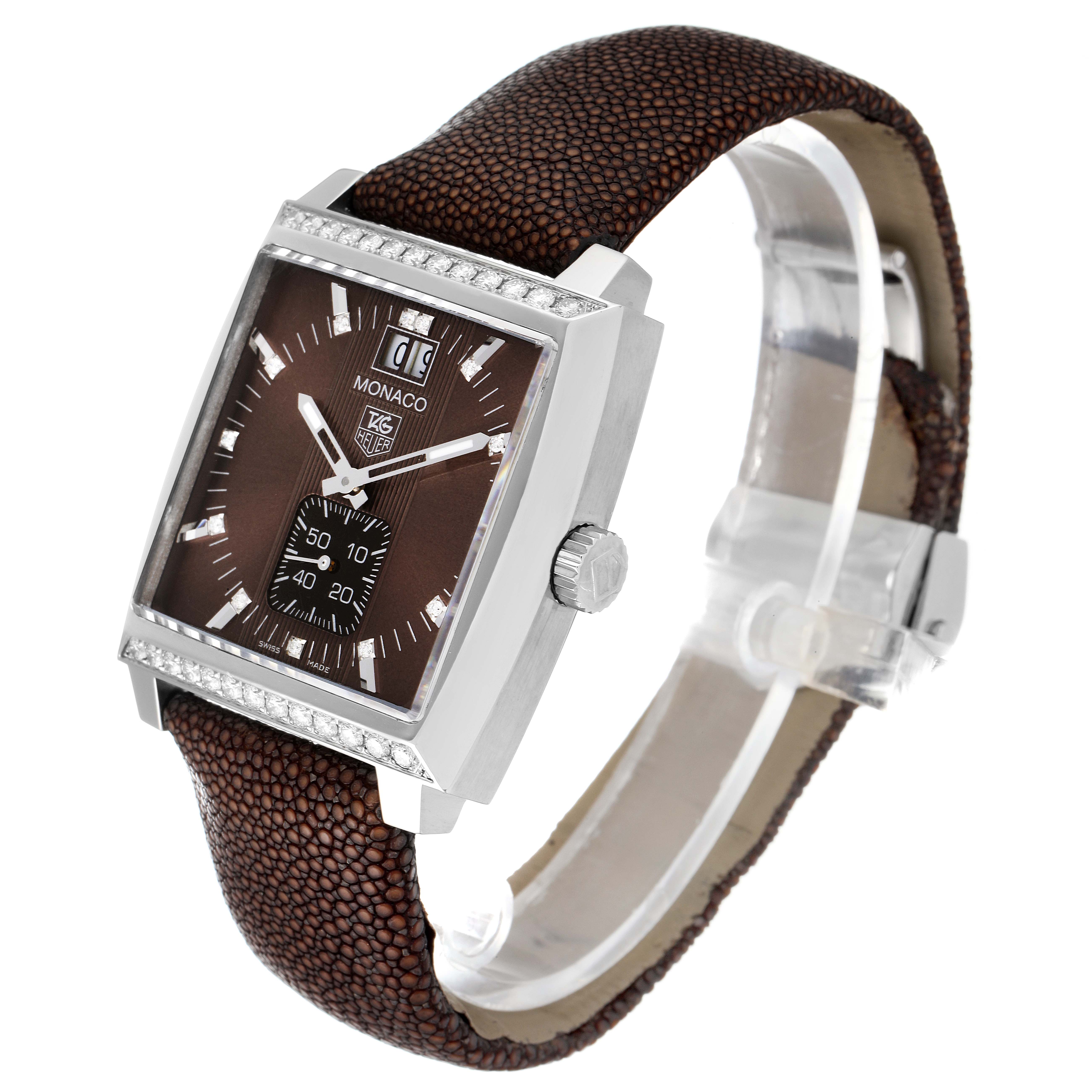 The image shows a Tag Heuer Monaco WAW1316.EB0025 Men's Stainless Steel Brown Dial WAW1316.EB0025 Men's Stainless Steel Brown Dial watch from a front angle, highlighting its brown dial, rectangular case, and leather strap.