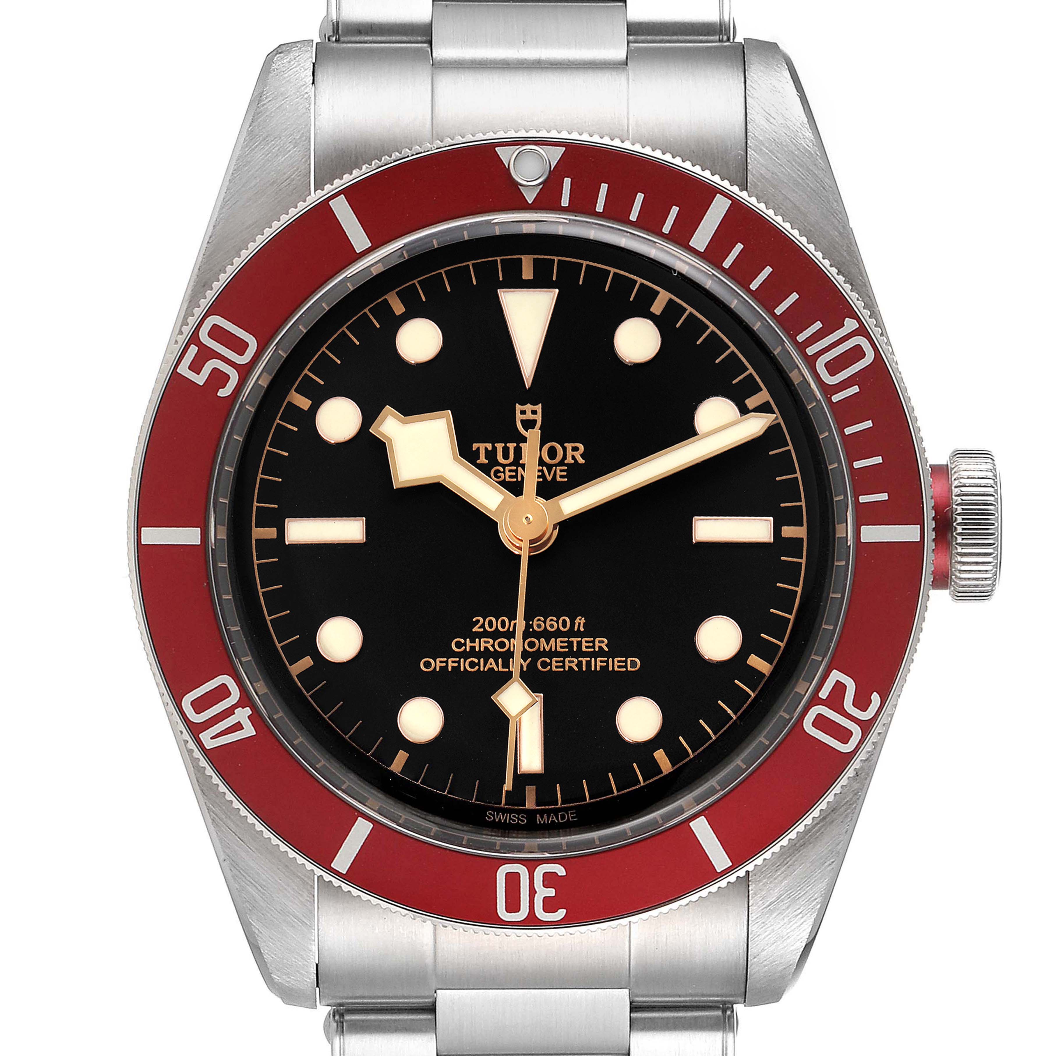 This image shows a front view of the Tudor Heritage Black Bay 79230R Men
s Stainless Steel Black Dial 79230R Men
s Stainless Steel Black Dial watch, highlighting its dial, bezel, and bracelet.