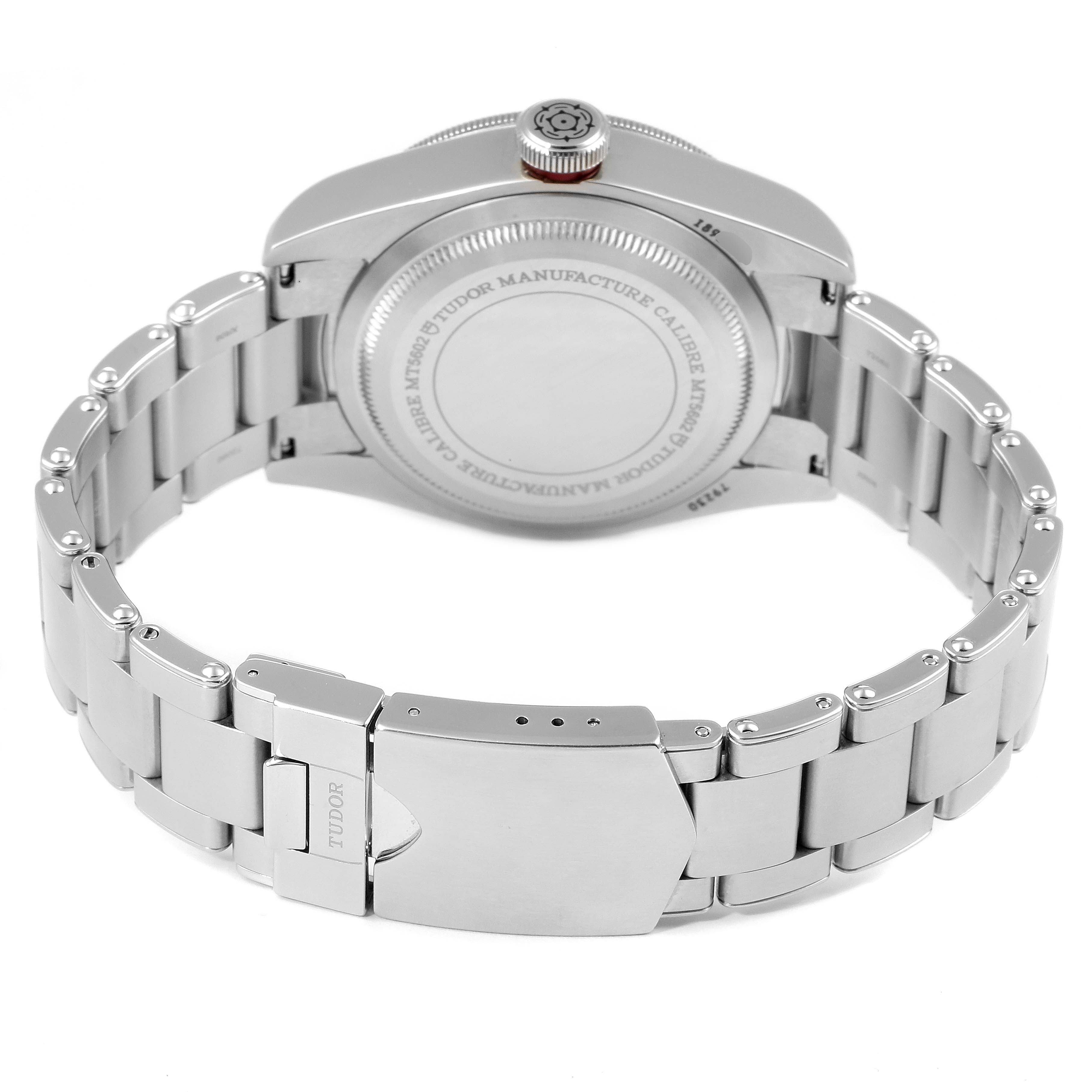 This image shows the back and bracelet of the Tudor Heritage Black Bay 79230R Men
s Stainless Steel Black Dial 79230R Men
s Stainless Steel Black Dial watch from a rear angle.