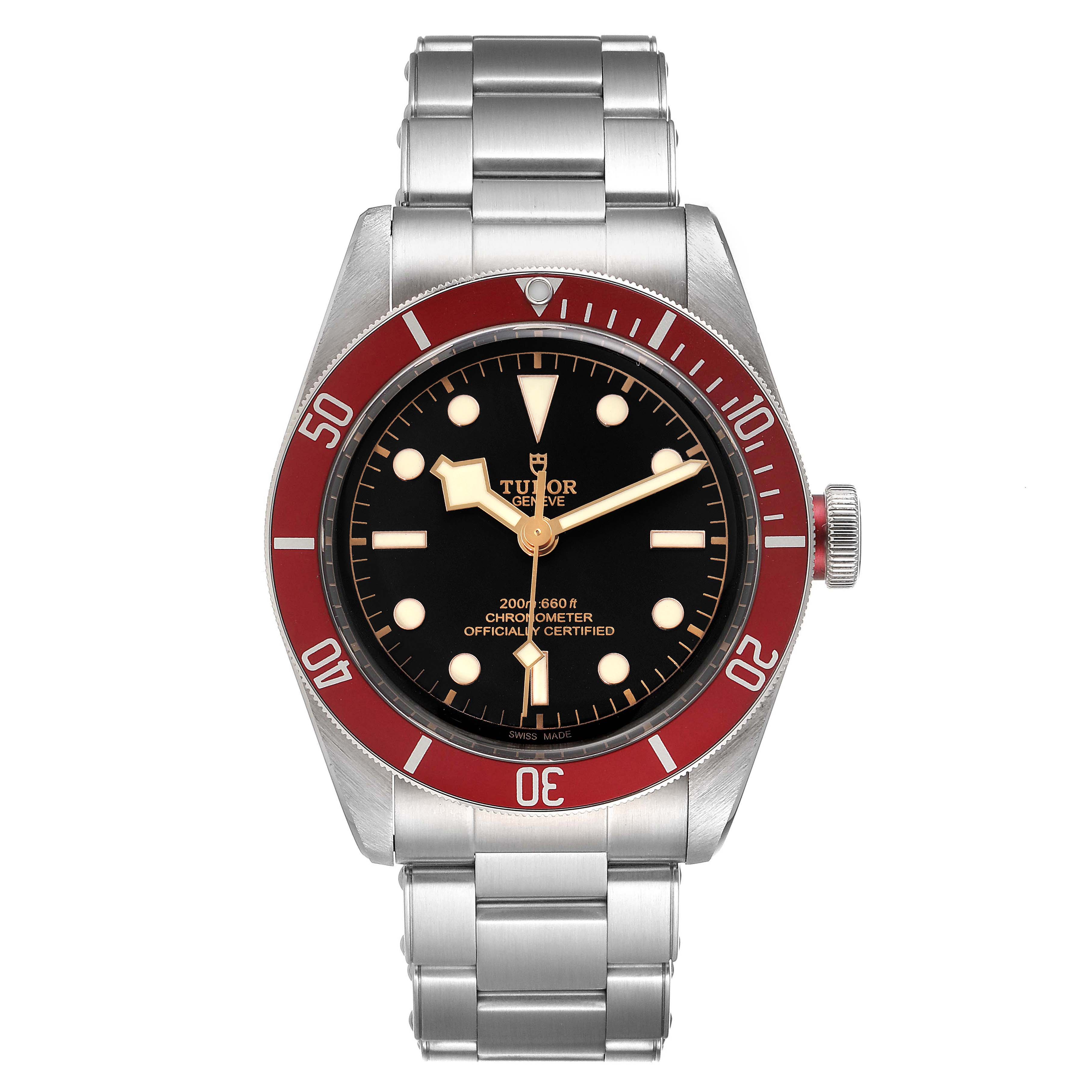The image shows a front view of the Tudor Heritage Black Bay 79230R Men
s Stainless Steel Black Dial 79230R Men
s Stainless Steel Black Dial watch, highlighting its bezel, dial, and metal bracelet.