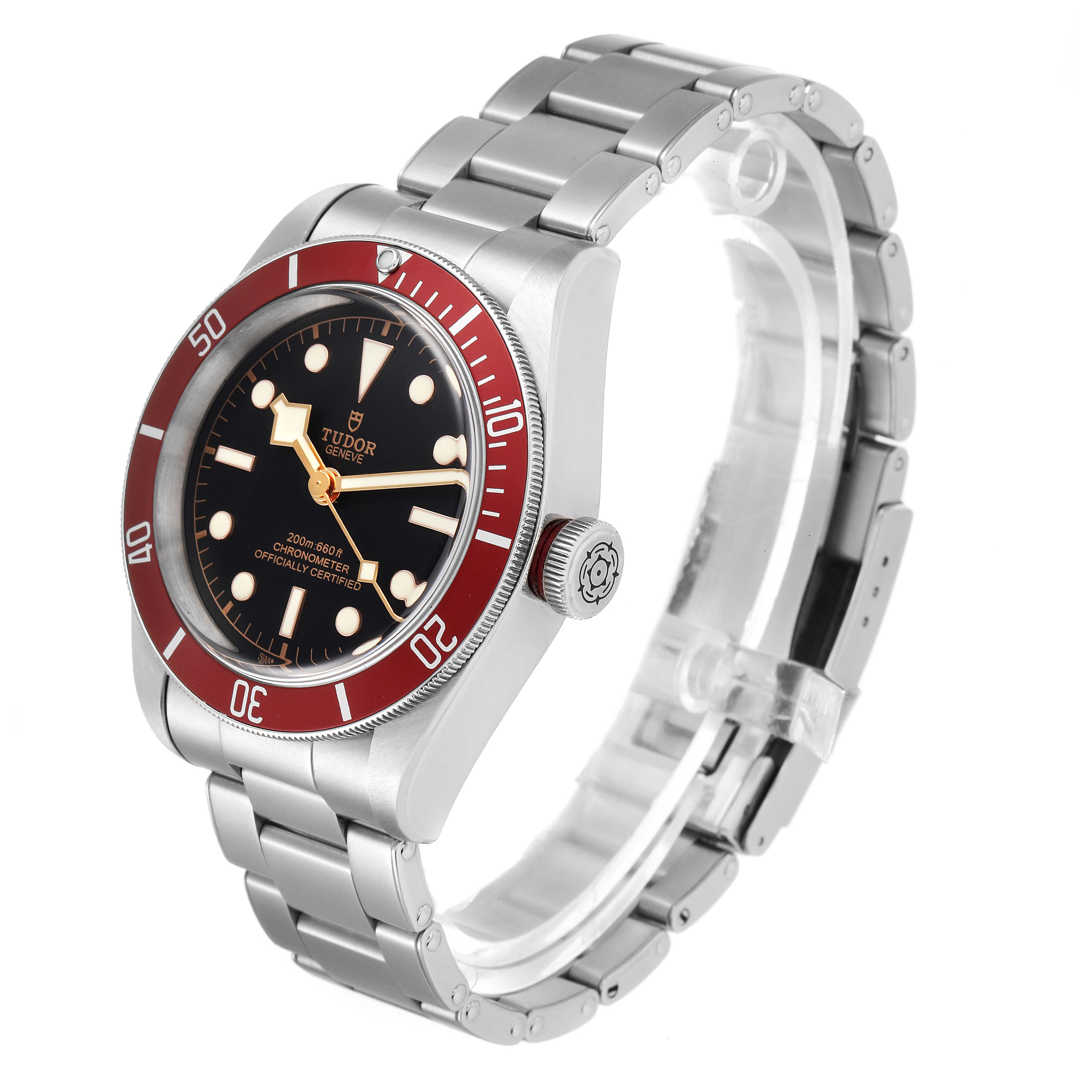 The image shows a Tudor Heritage Black Bay 79230R Men
s Stainless Steel Black Dial 79230R Men
s Stainless Steel Black Dial watch at a three-quarter angle, highlighting the dial, bezel, crown, and bracelet.