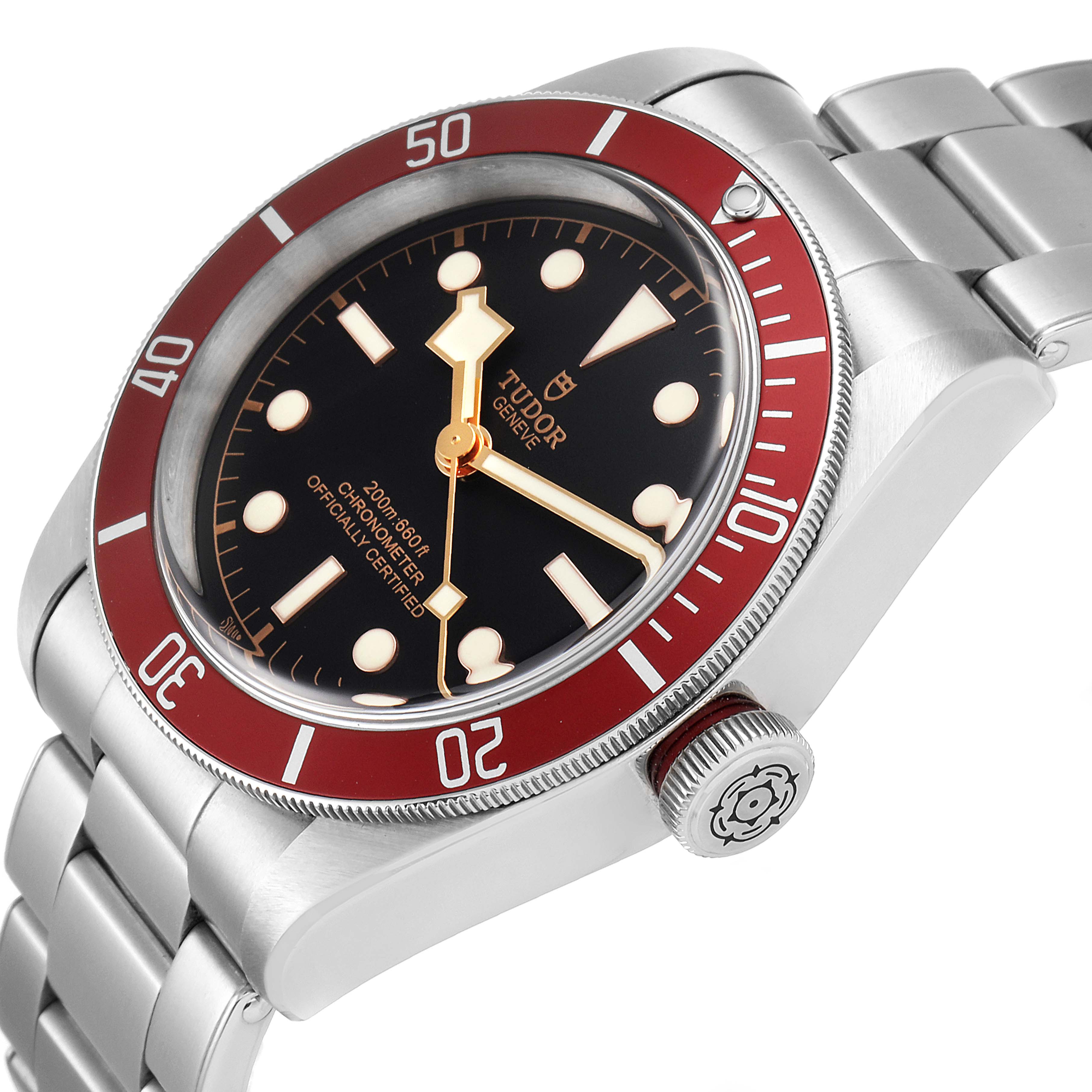 The image shows the dial, bezel, crown, and bracelet of the Tudor Heritage Black Bay 79230R Men
s Stainless Steel Black Dial 79230R Men
s Stainless Steel Black Dial watch from an angled side view.