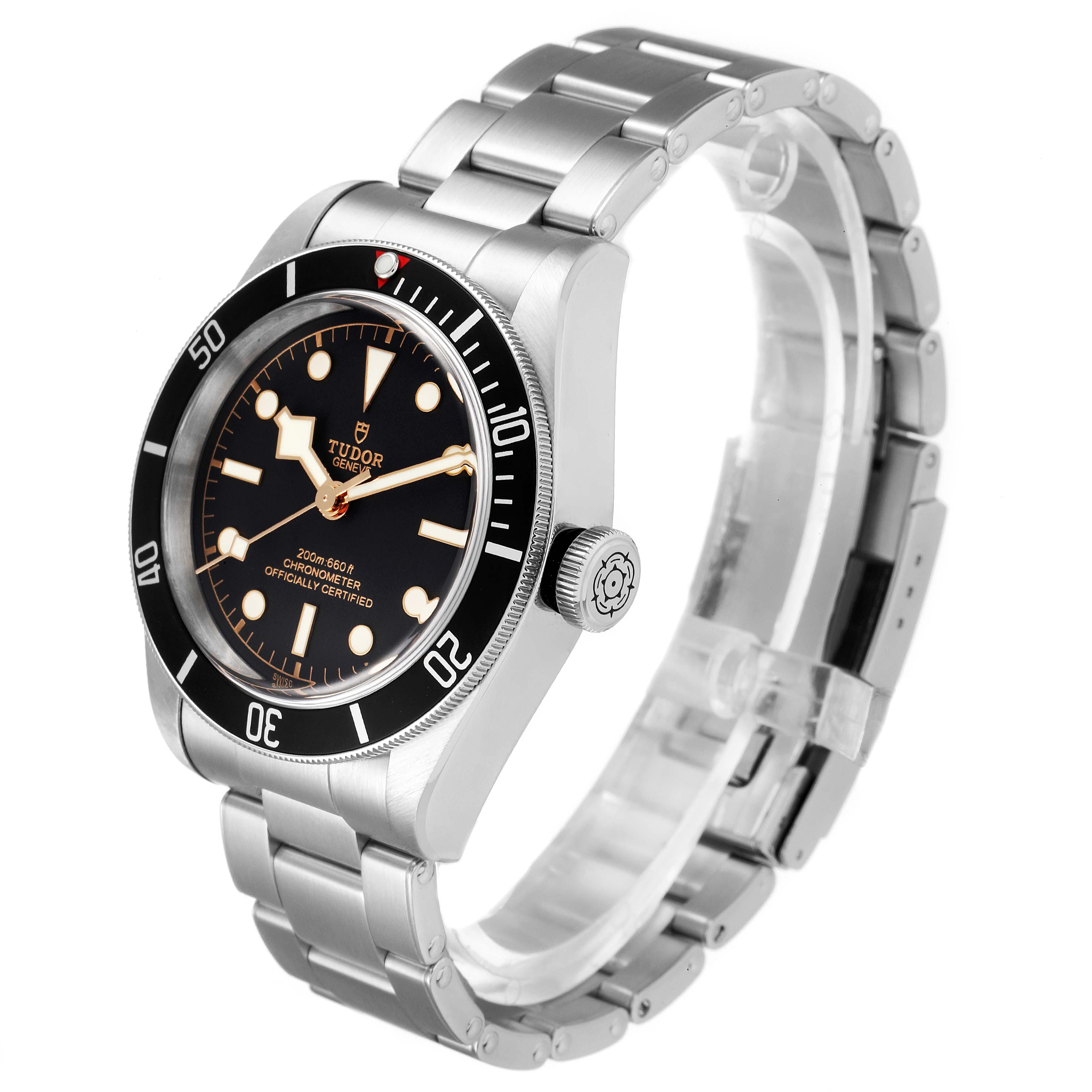 The image shows a Tudor Heritage Black Bay 79230 Men
s Stainless Steel Black Dial 79230 Men
s Stainless Steel Black Dial watch at an angle highlighting the dial, bezel, crown, and bracelet.