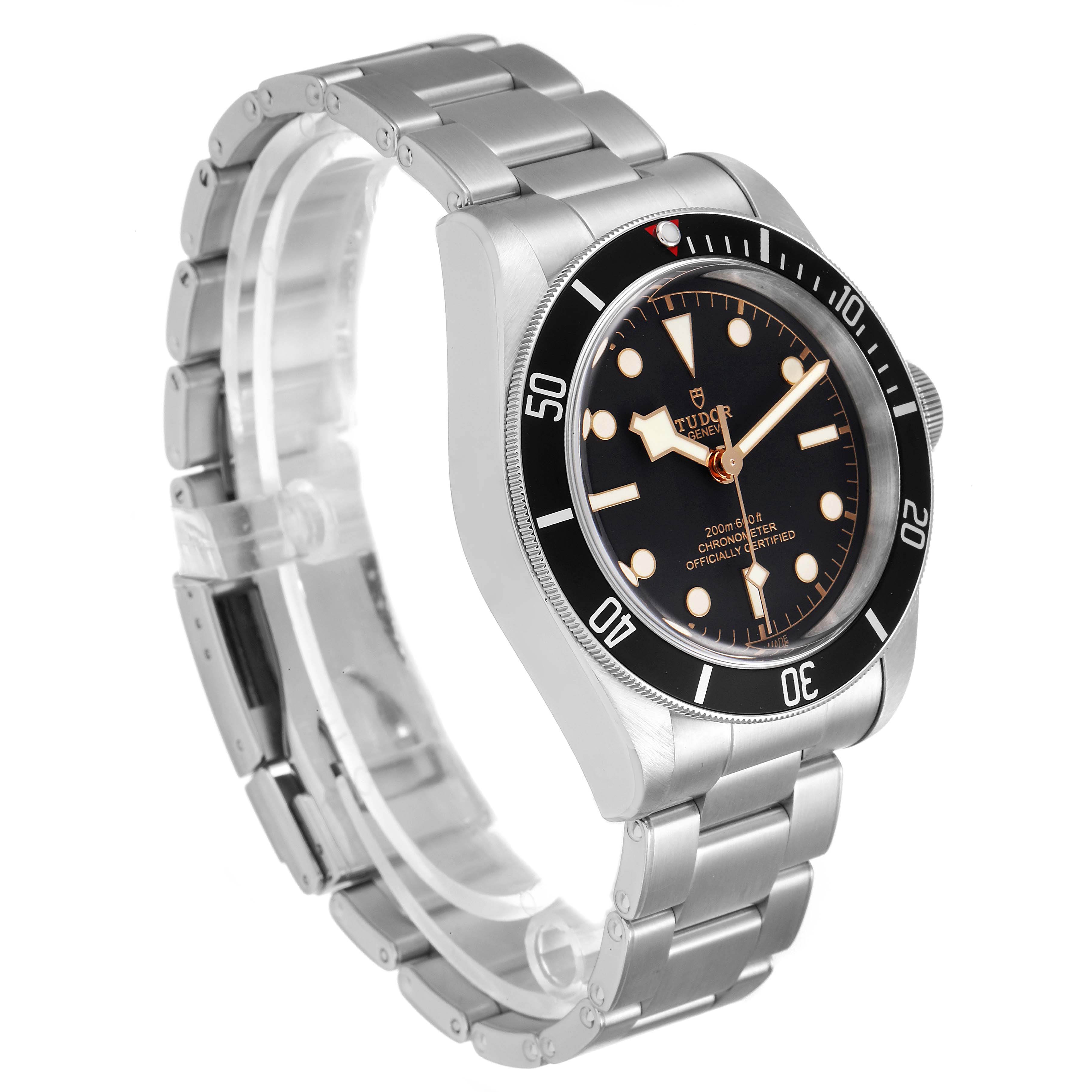 The image shows a Tudor Heritage Black Bay 79230 Men
s Stainless Steel Black Dial 79230 Men
s Stainless Steel Black Dial watch angled to display its face, bezel, and stainless steel bracelet.
