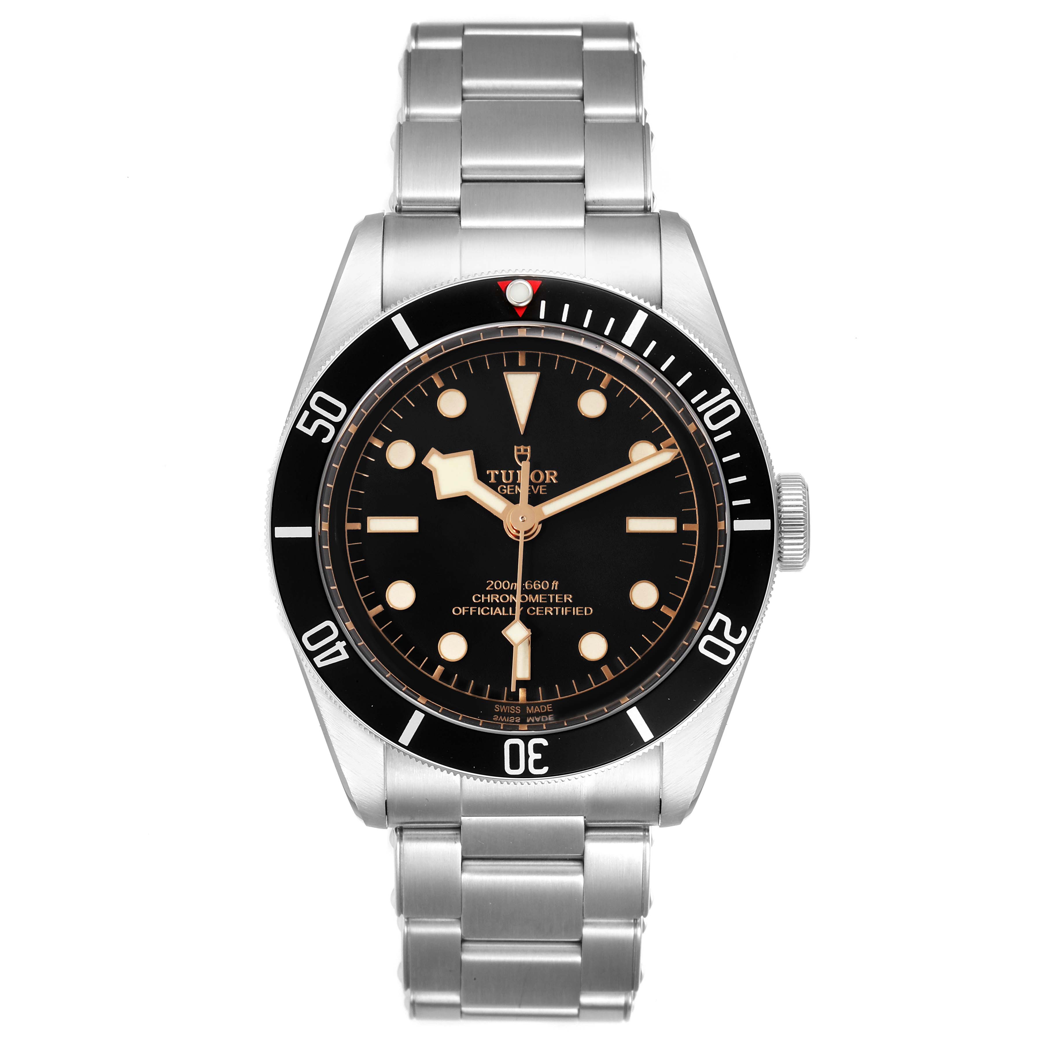 The image shows a frontal view of the Tudor Heritage Black Bay 79230 Men
s Stainless Steel Black Dial 79230 Men
s Stainless Steel Black Dial watch, displaying its dial, bezel, and metal bracelet.