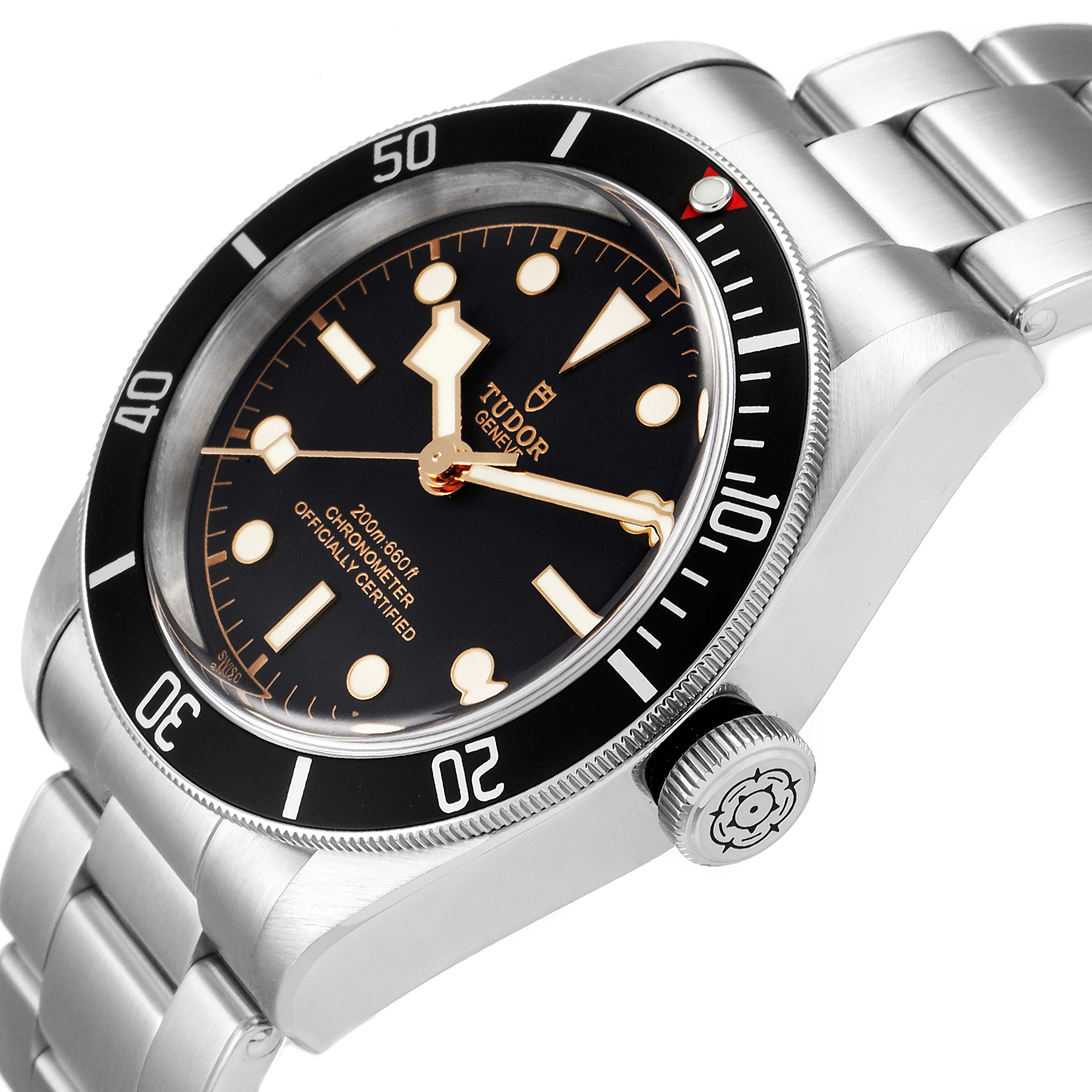 This is a side and top view of the Tudor Heritage Black Bay 79230 Men
s Stainless Steel Black Dial 79230 Men
s Stainless Steel Black Dial watch, showing its case, bezel, dial, bracelet, and crown.