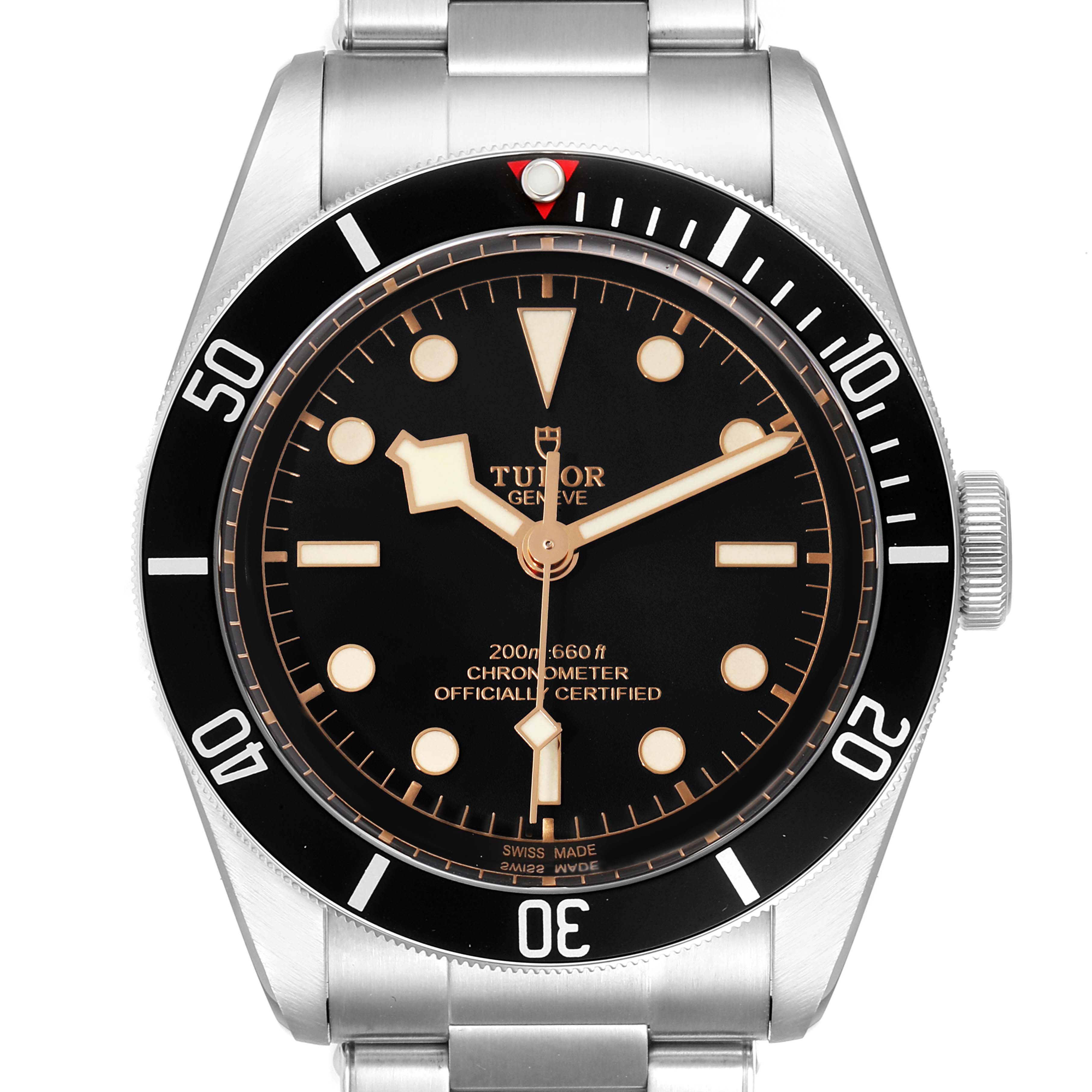 This image shows a straight-on view of the Tudor Heritage Black Bay 79230 Men
s Stainless Steel Black Dial 79230 Men
s Stainless Steel Black Dial watch, highlighting the dial, bezel, and crown.