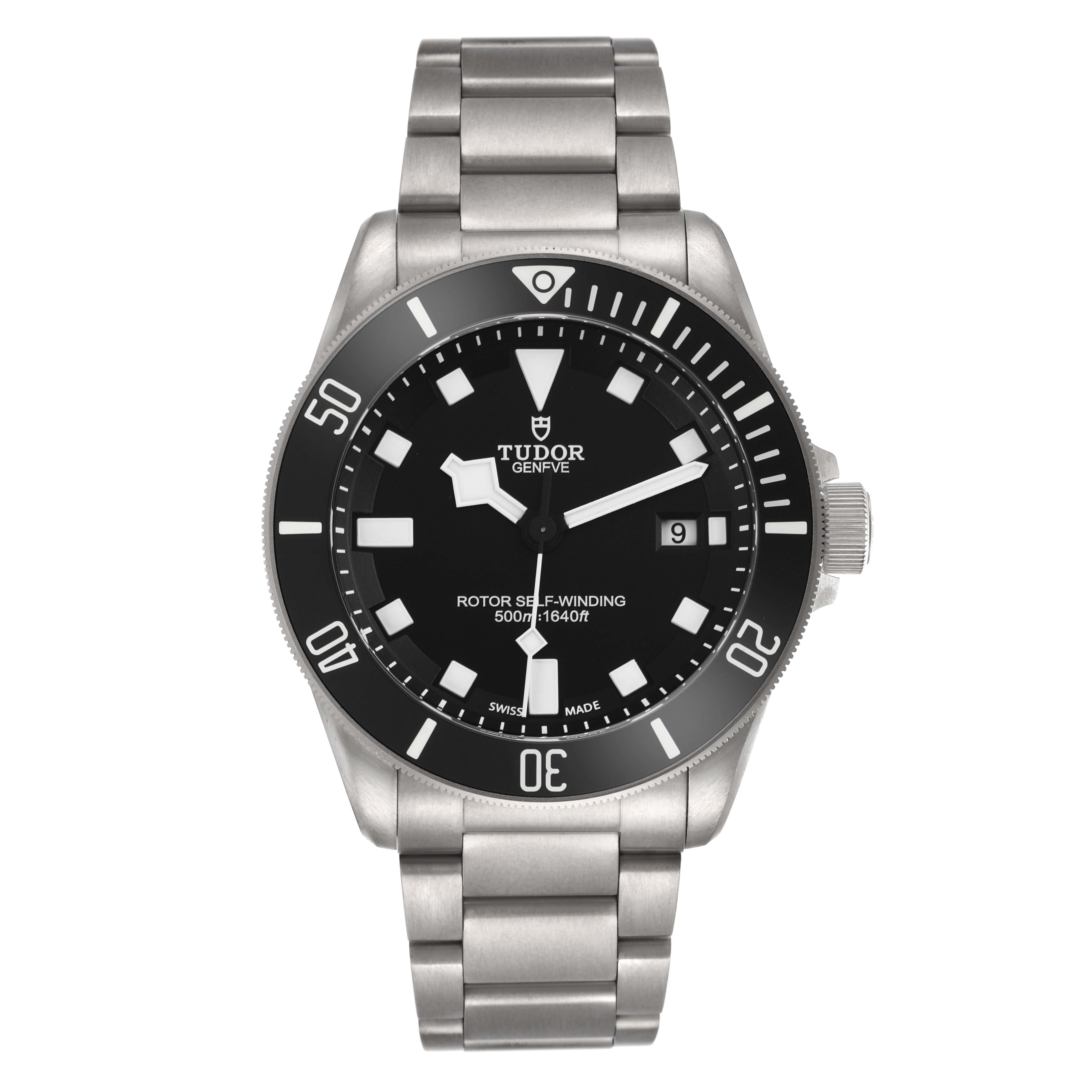 The Tudor Pelagos model 25500TN watch is shown from a front view, displaying the dial, bezel, crown, and bracelet.