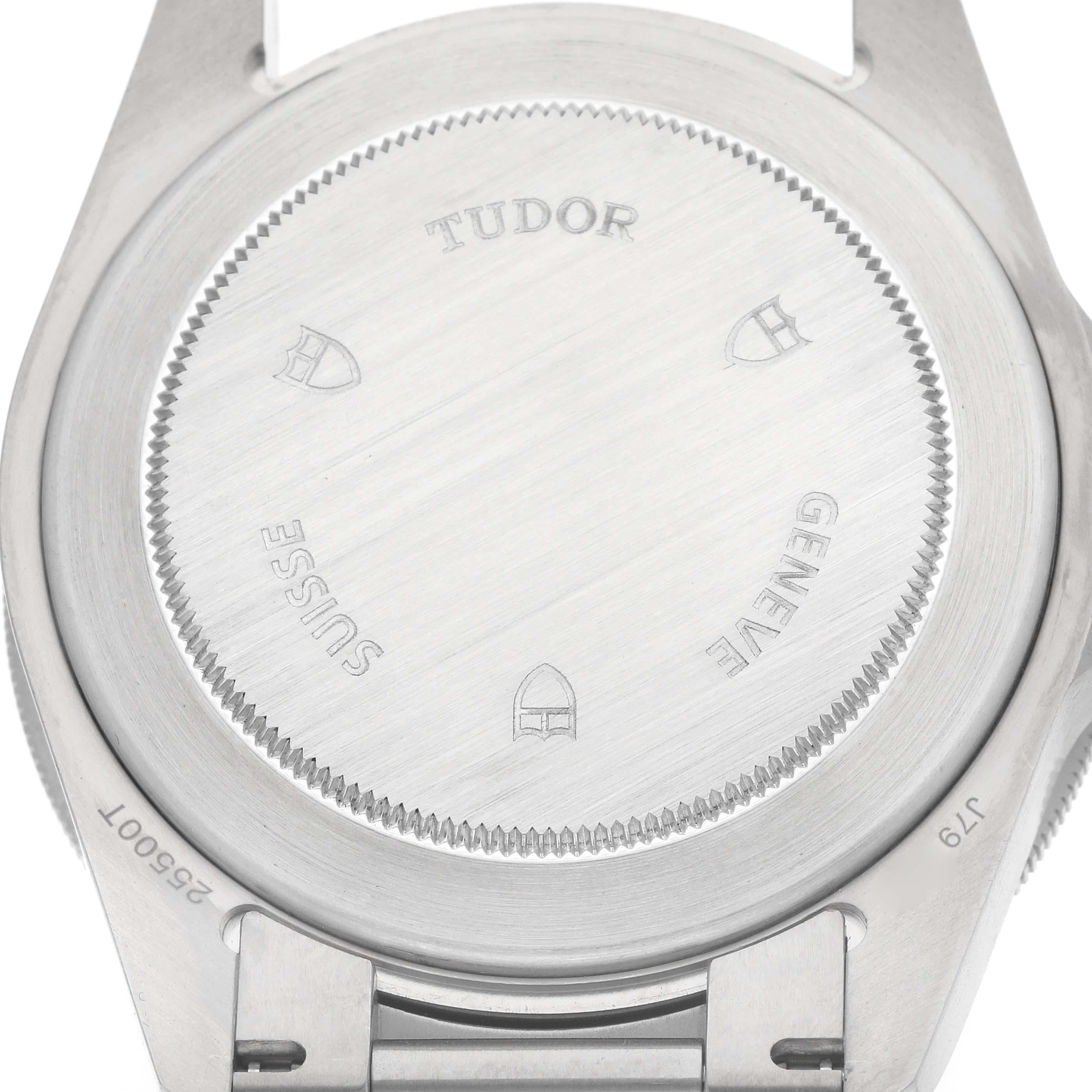 The image shows the backside of a Tudor Pelagos model 25500TN men
s watch, featuring the engraved case back and lug area.