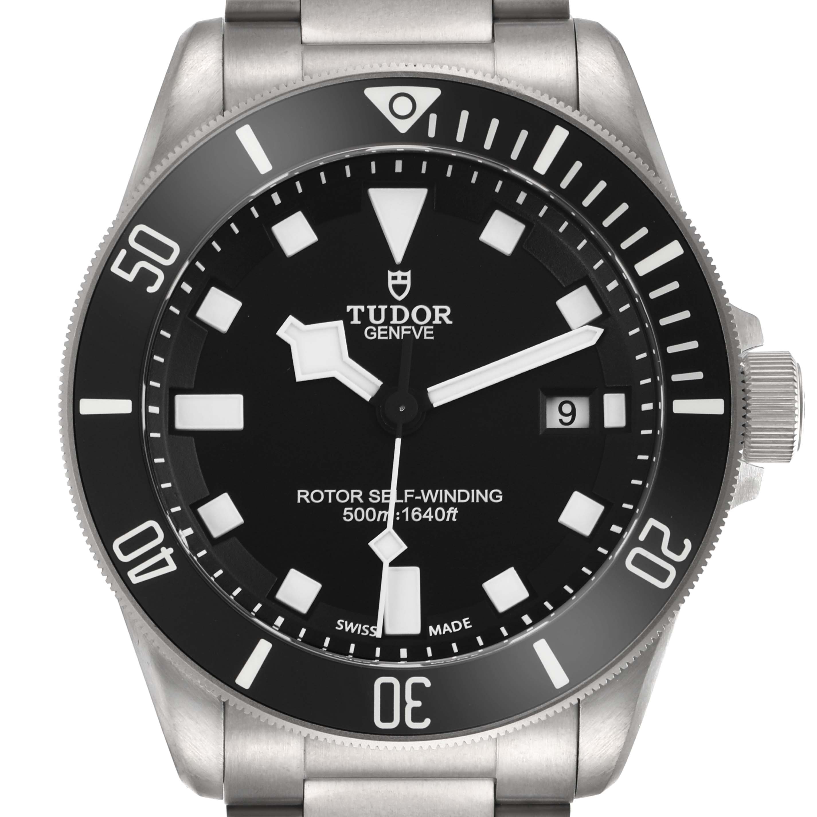The Tudor Pelagos model 25500TN is shown from a front angle, displaying the dial, bezel, and part of the bracelet.