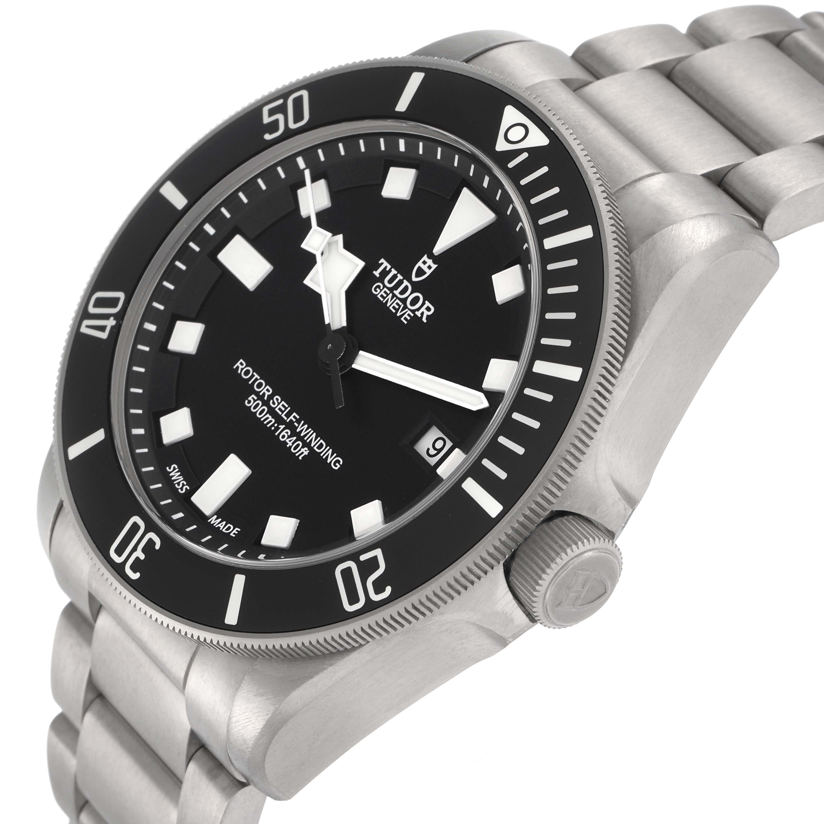 The Tudor Pelagos model 25500TN is shown at a slight angle, displaying its black dial, rotating bezel, and stainless steel bracelet.