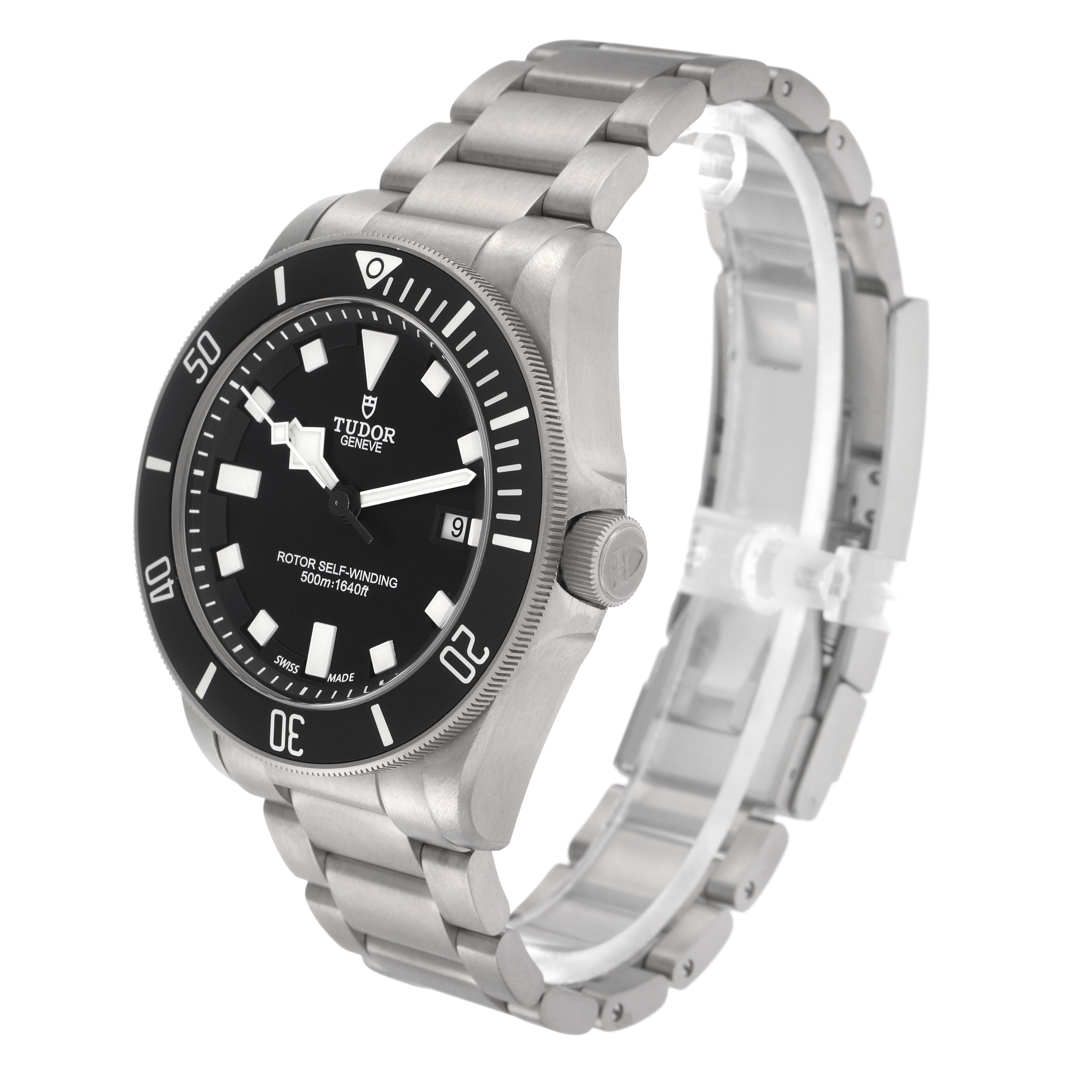 The image shows a Tudor Pelagos 25500TN men
s watch at a slight angled side view, displaying its bezel, dial, and metal bracelet.