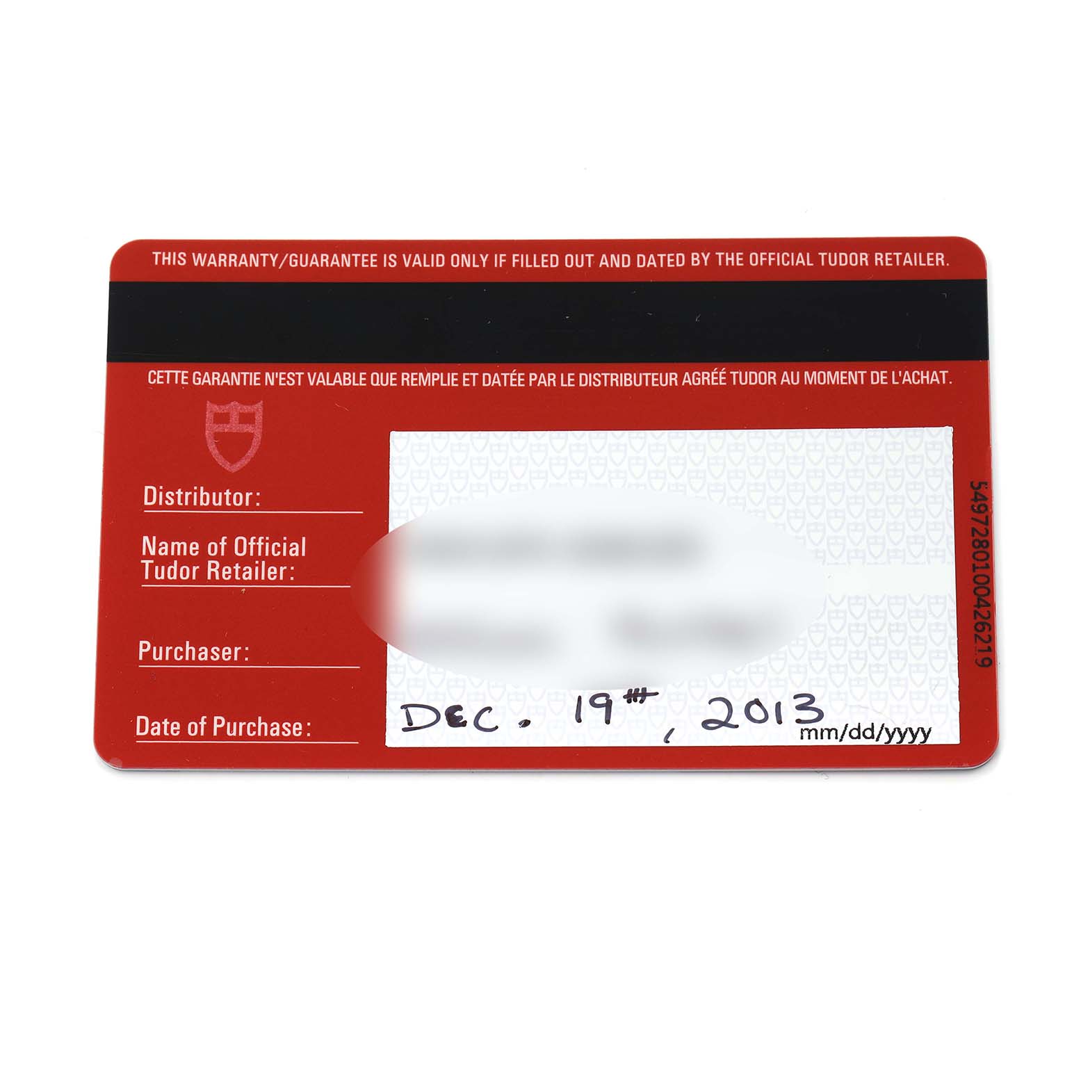 The image shows a warranty card for the Tudor Pelagos model 25500TN men
s watch, indicating purchase and retailer details.