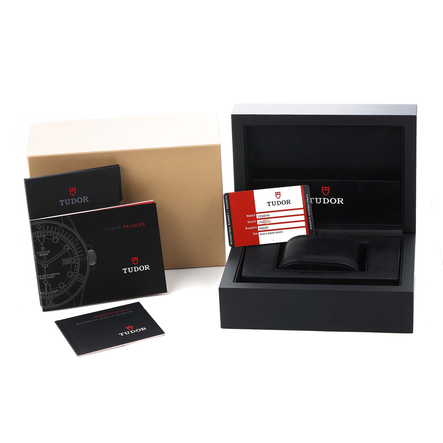 The image shows packaging and accessories for the Tudor Pelagos model 25500TN, including the box, warranty card, and manuals, viewed from above.