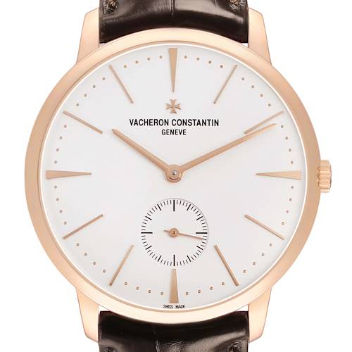The Vacheron Constantin Patrimony 1110U/000R Men's Rose Gold Silver Dial watch is shown from the front, displaying its face, hands, crown, and a part of the leather strap.
