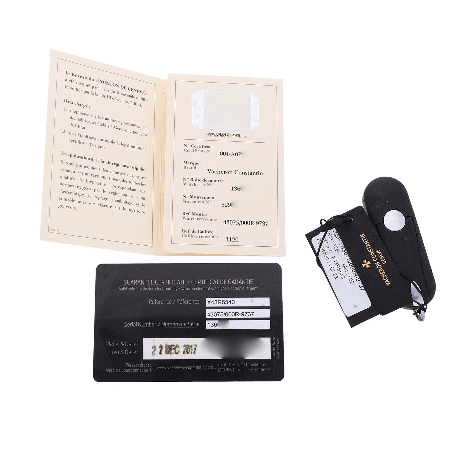 The image shows documents and a tag for the Vacheron Constantin Traditionnelle 43075/000R-9737 Men's Rose Gold Silver Dial watch, including a certificate and guarantee card.