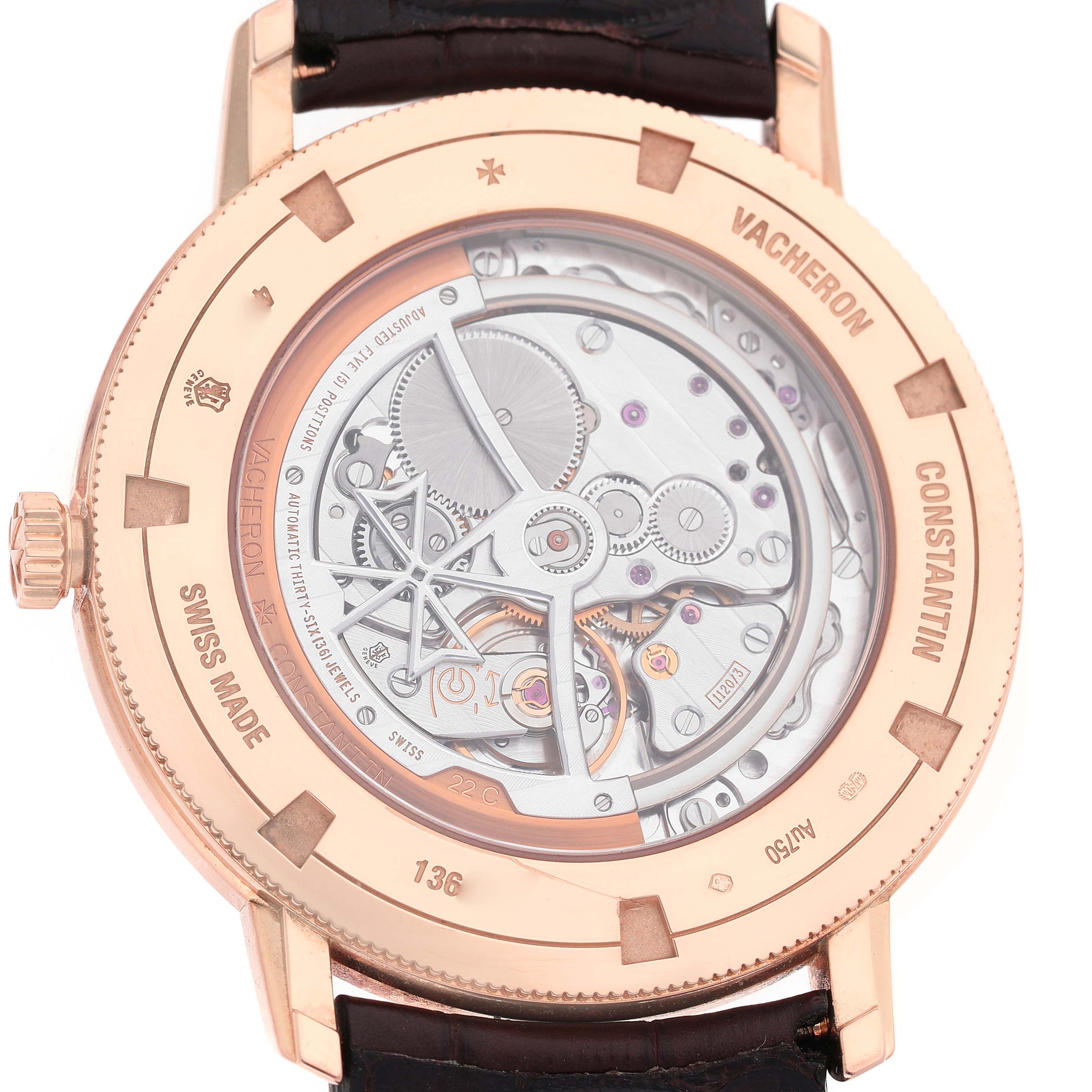 The image shows the back view of the Vacheron Constantin Traditionnelle 43075/000R-9737 Men's Rose Gold Silver Dial watch, highlighting its intricate movement and case details.