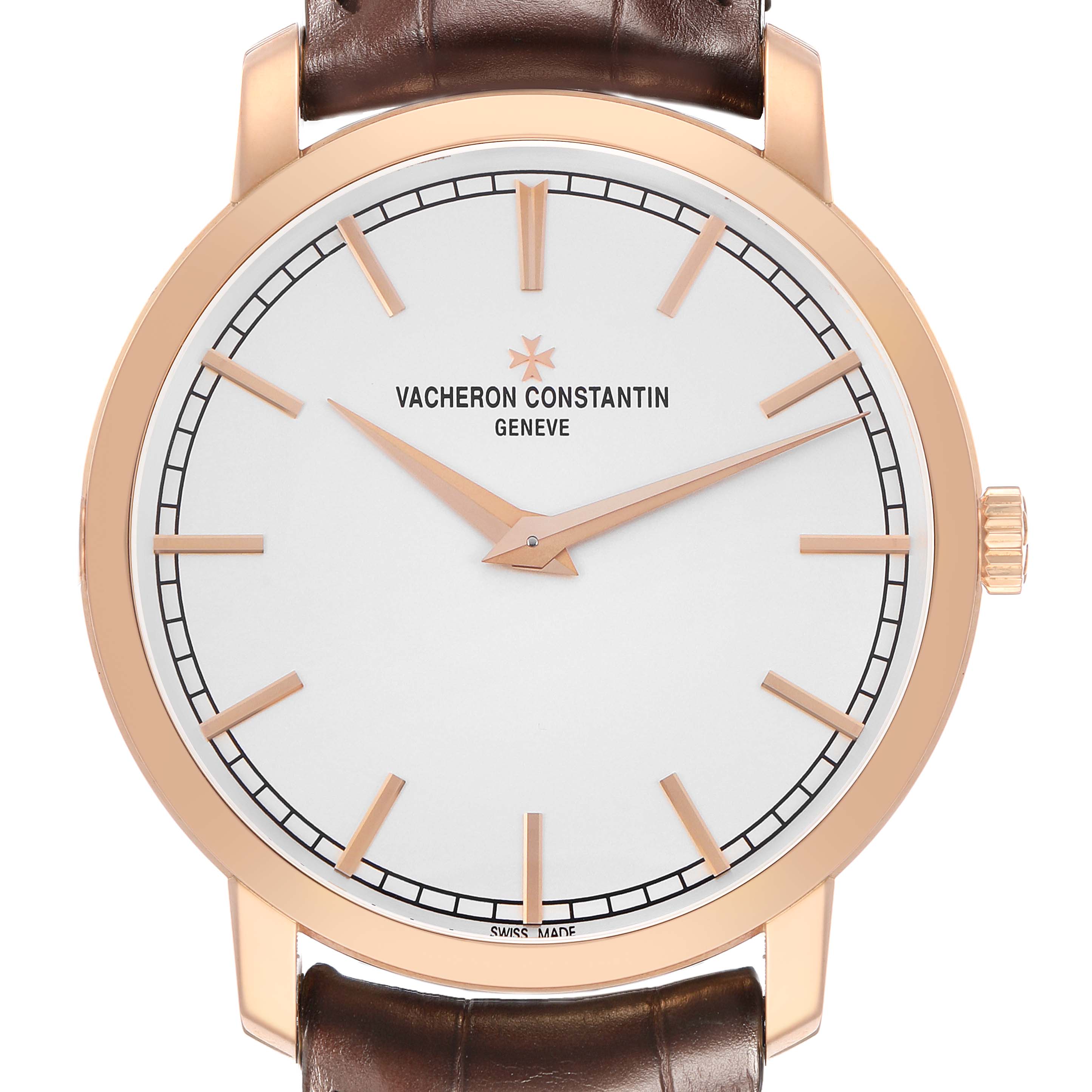 The Vacheron Constantin Traditionnelle 43075/000R-9737 Men's Rose Gold Silver Dial watch is shown from the front, highlighting its dial, hands, and partial leather strap.