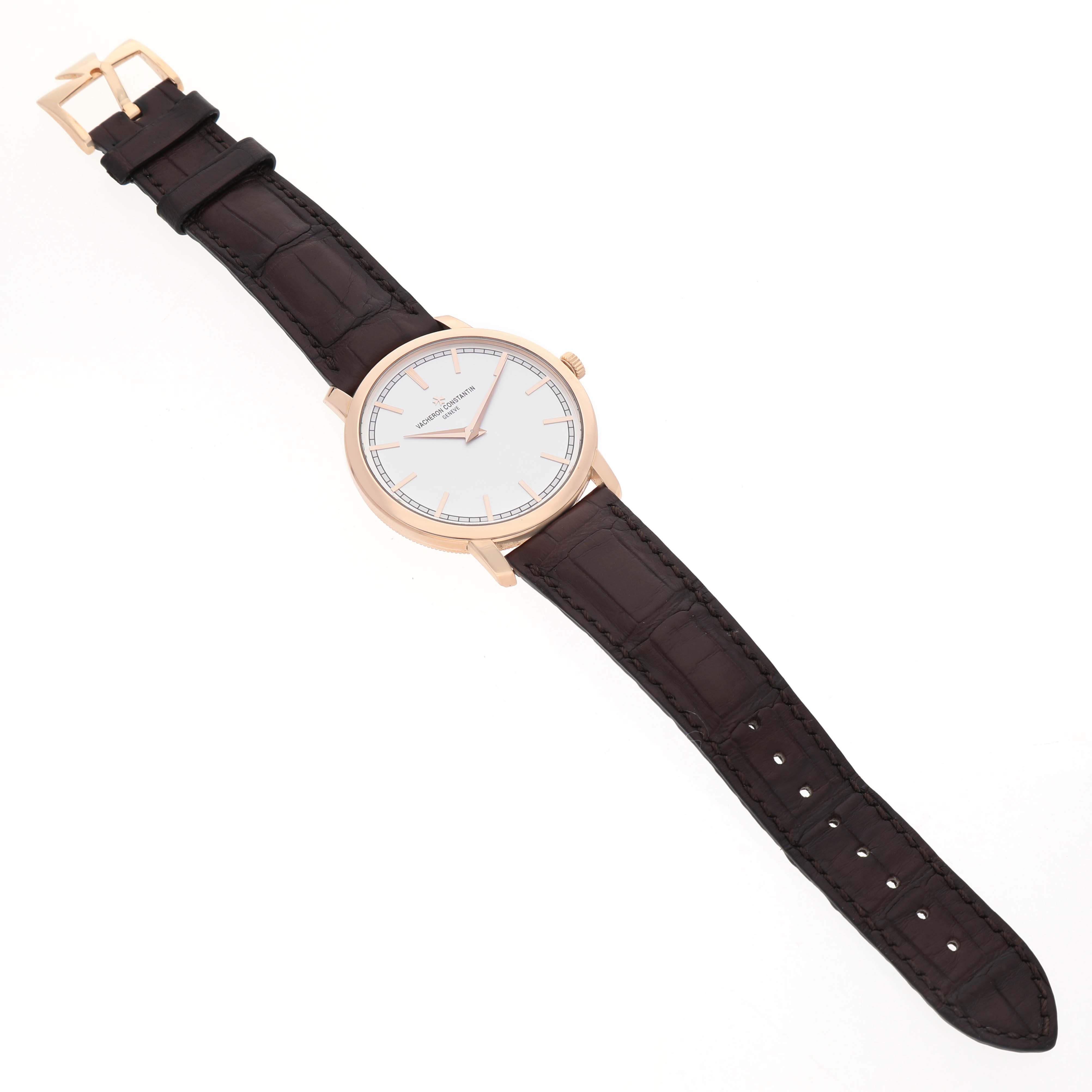 The Vacheron Constantin Traditionnelle 43075/000R-9737 Men's Rose Gold Silver Dial watch is shown from a top-down angle, displaying the face, case, and full leather strap.