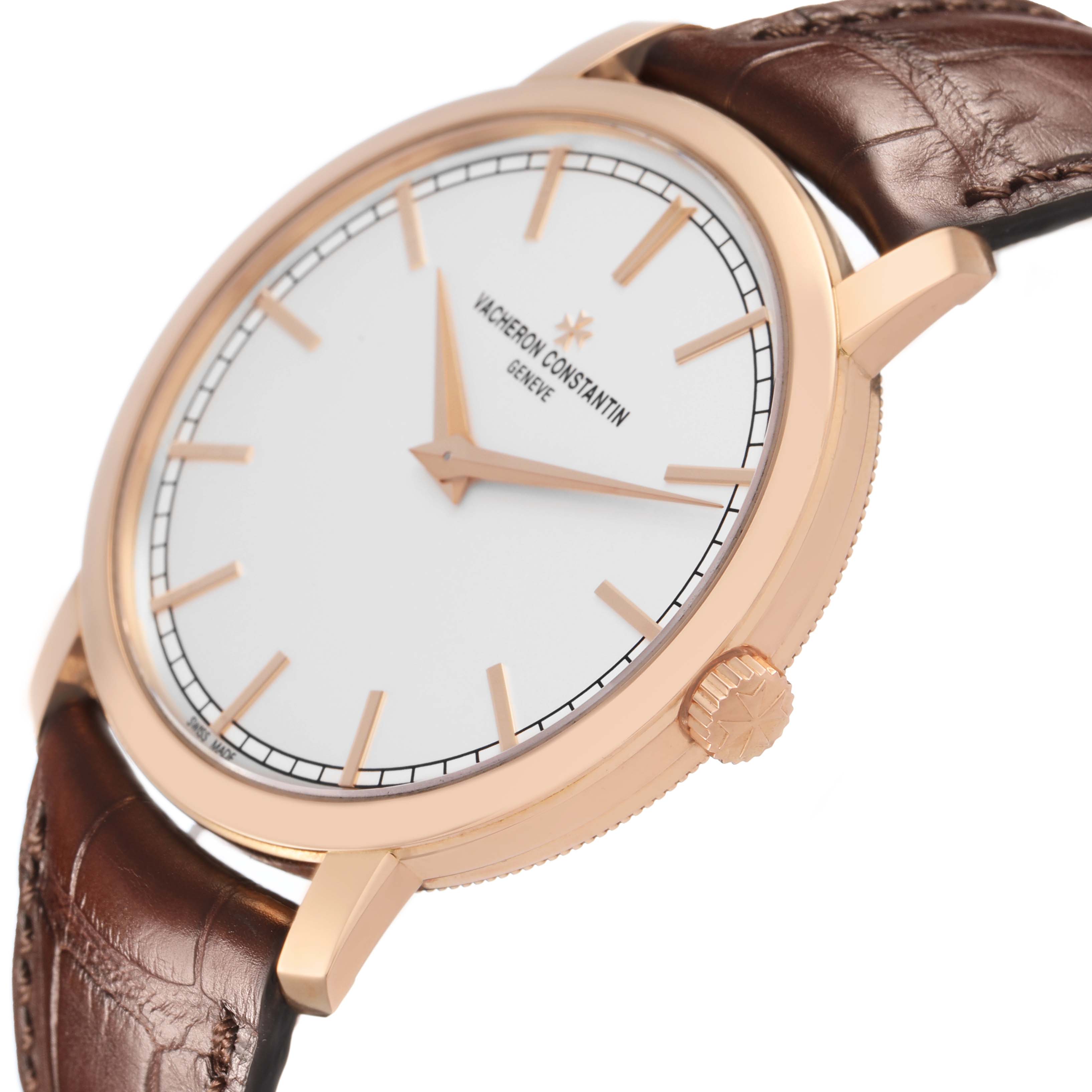 The Vacheron Constantin Traditionnelle 43075/000R-9737 Men's Rose Gold Silver Dial watch is shown from an angled side view, highlighting its dial, case, crown, and leather strap.
