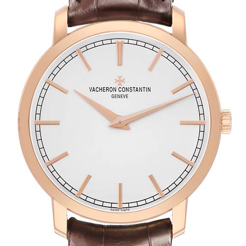 The Vacheron Constantin Traditionnelle 43075/000R-9737 Men's Rose Gold Silver Dial watch is shown from a front angle, displaying the dial, hands, markers, and part of the strap.