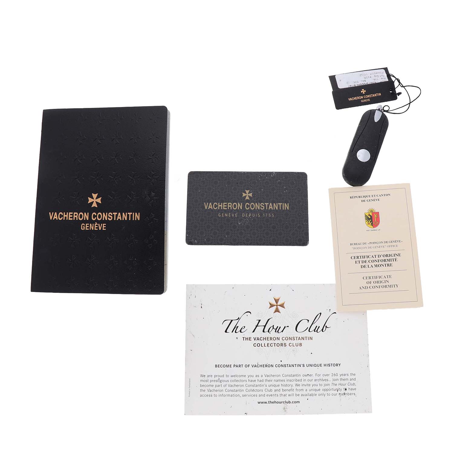 The image shows Vacheron Constantin Traditionnelle 43075/000R-9737 Men's Rose Gold Silver Dial model accessories including a box, cards, a tag, and a certificate from above.