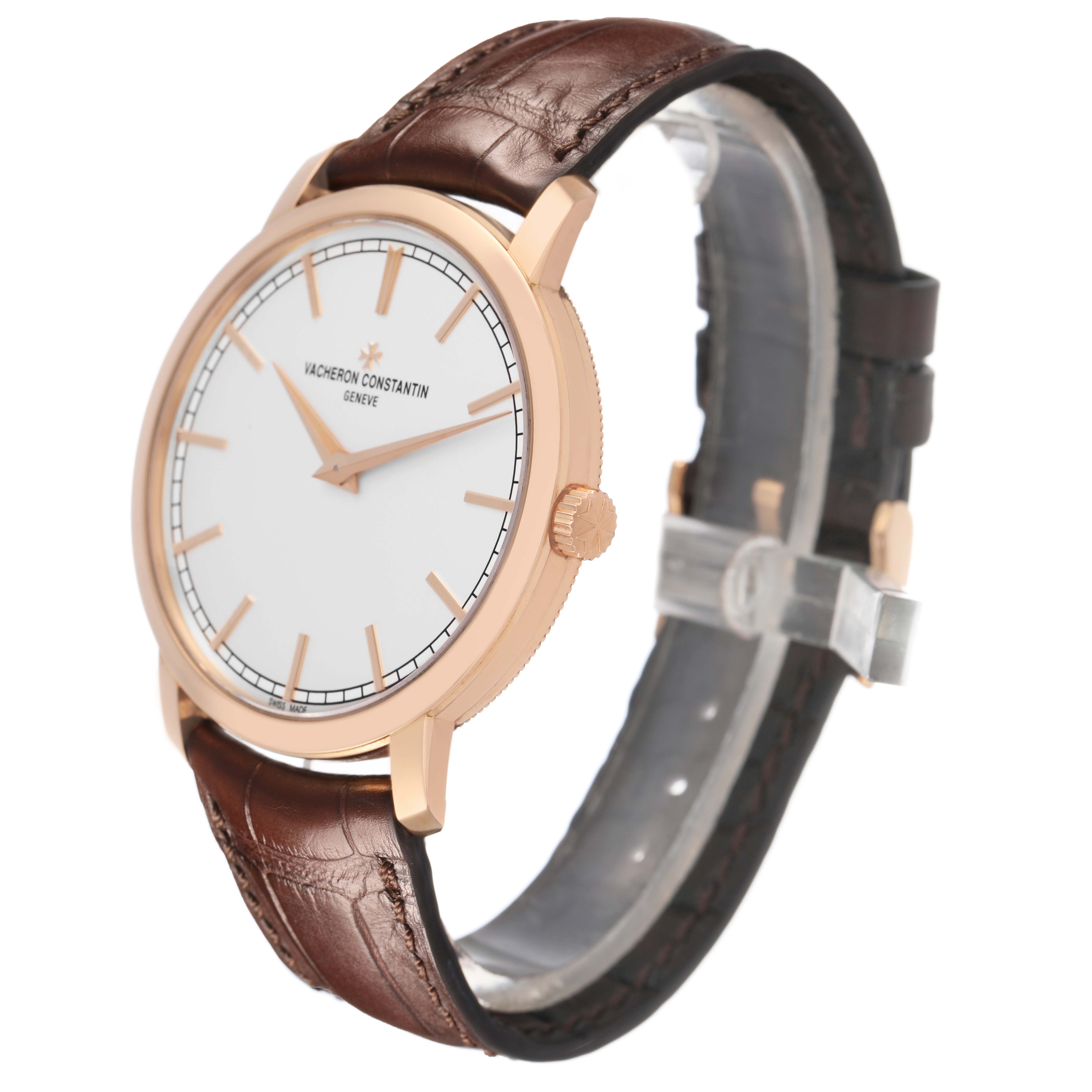 The Vacheron Constantin Traditionnelle 43075/000R-9737 Men's Rose Gold Silver Dial watch is shown at a side angle, displaying the face, crown, and brown leather strap.