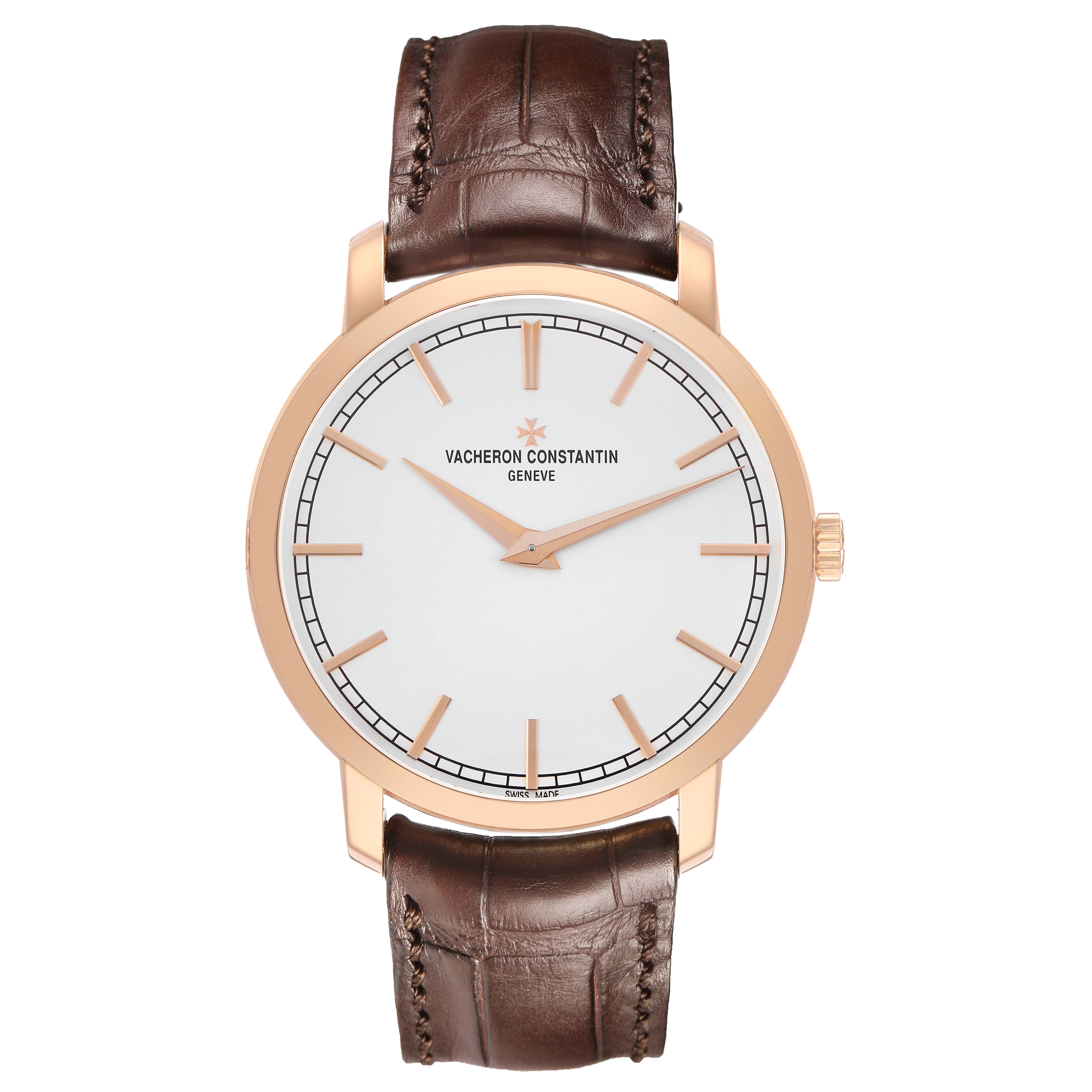 The Vacheron Constantin Traditionnelle 43075/000R-9737 Men's Rose Gold Silver Dial watch is shown from a direct front angle, displaying the dial, hands, case, and leather strap.