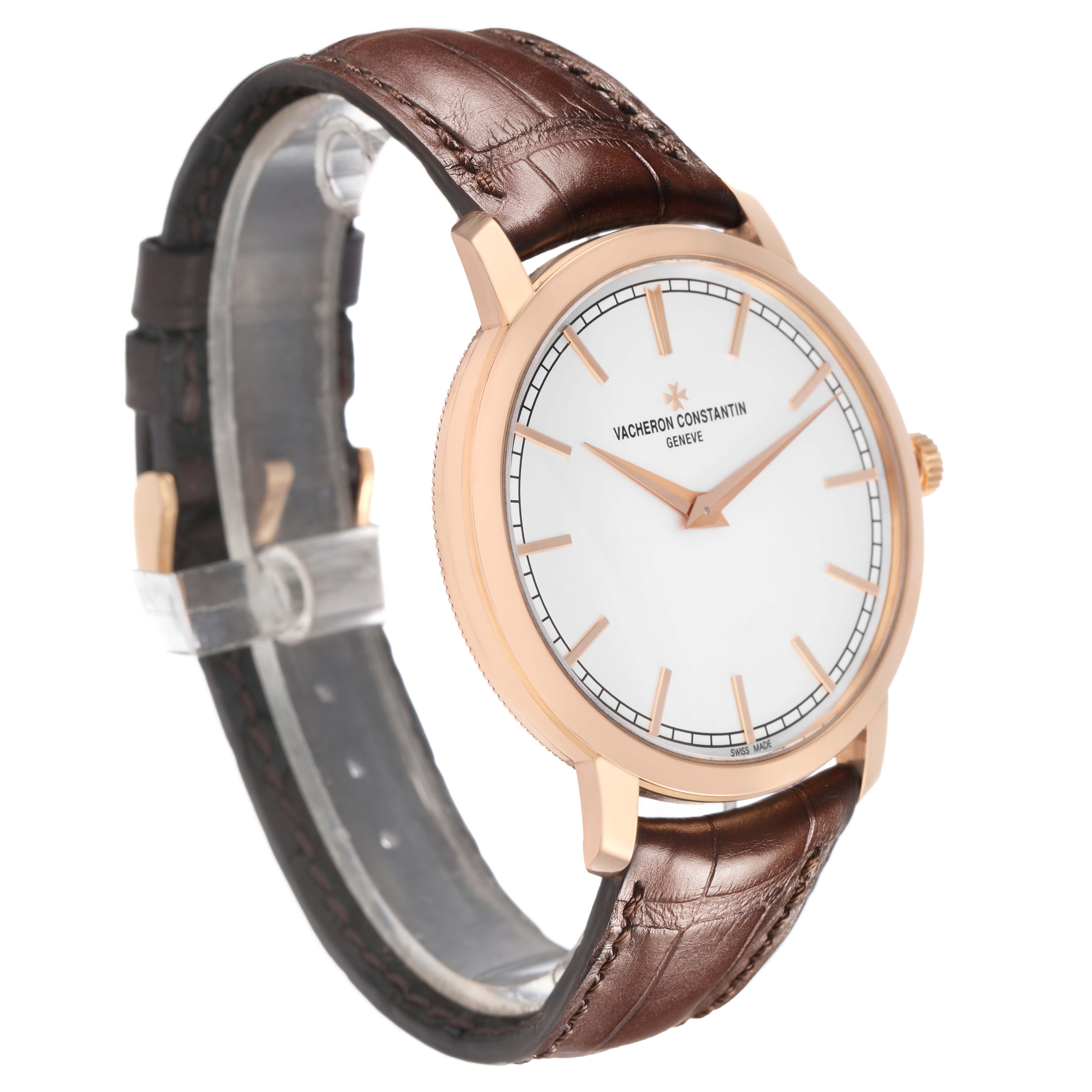The Vacheron Constantin Traditionnelle 43075/000R-9737 Men's Rose Gold Silver Dial watch is shown at a three-quarter angle highlighting the face, bezel, and brown leather strap.