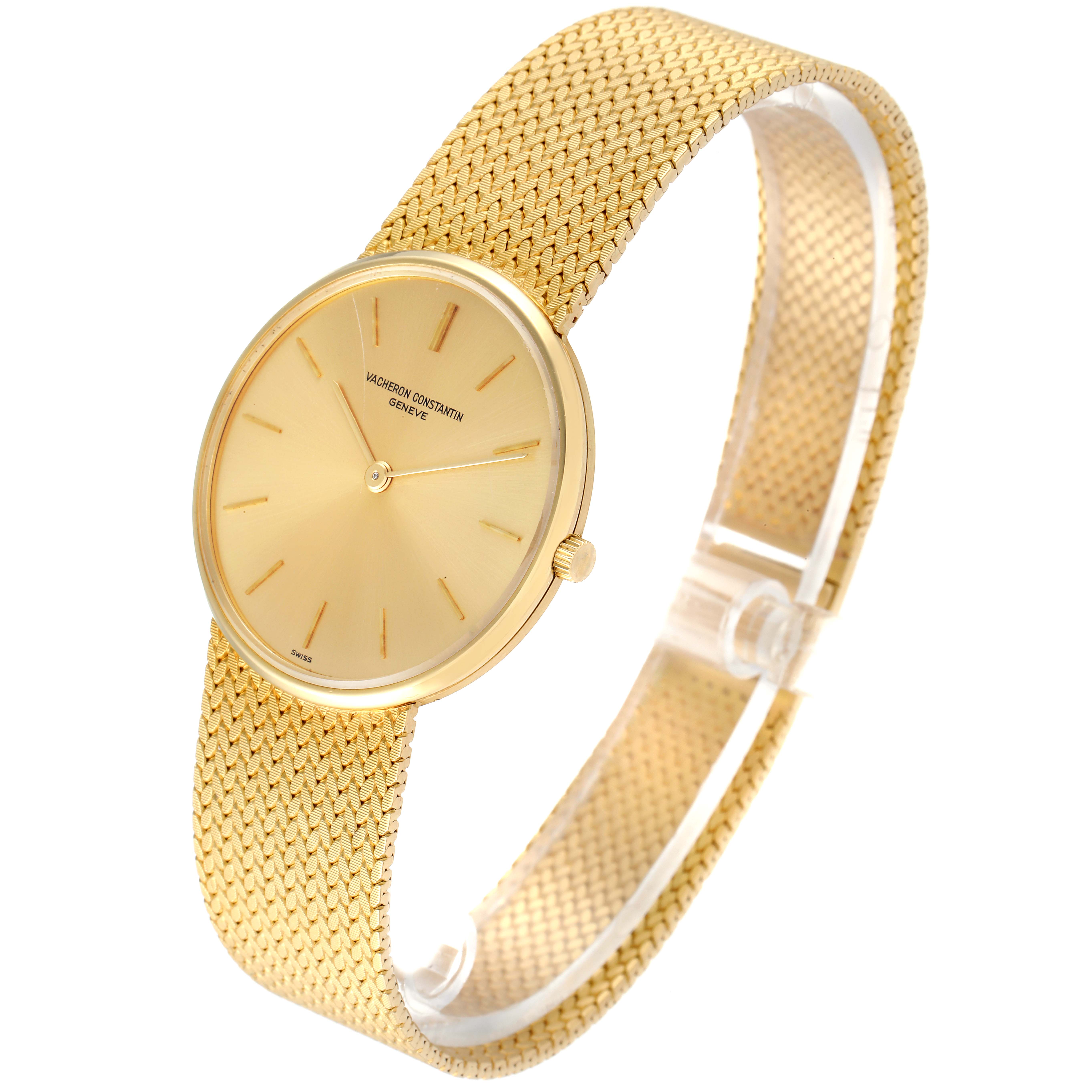 This image shows a Vacheron Constantin Patrimony 6872 Men's Yellow Gold Champagne Dial 6872 Men's Yellow Gold Champagne Dial watch at a slight angle, featuring its gold mesh bracelet and minimalist gold dial.