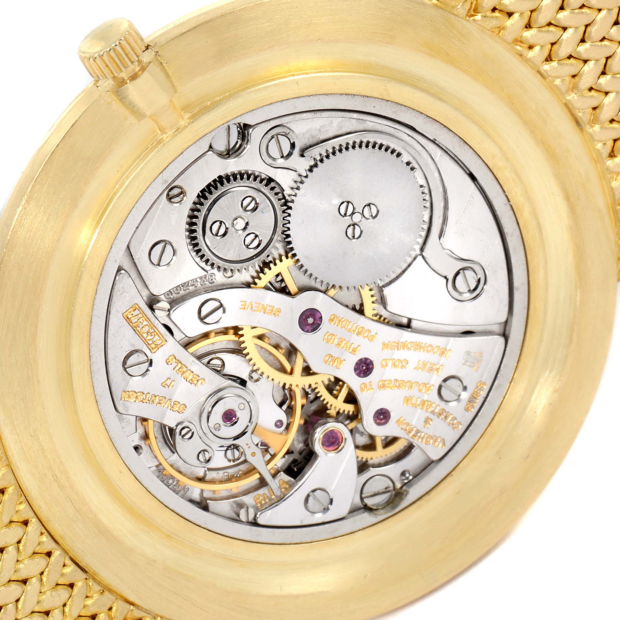 The image shows the back angle of the Vacheron Constantin Patrimony 6872 Men's Yellow Gold Champagne Dial 6872 Men's Yellow Gold Champagne Dial watch, revealing its intricate movement mechanisms.