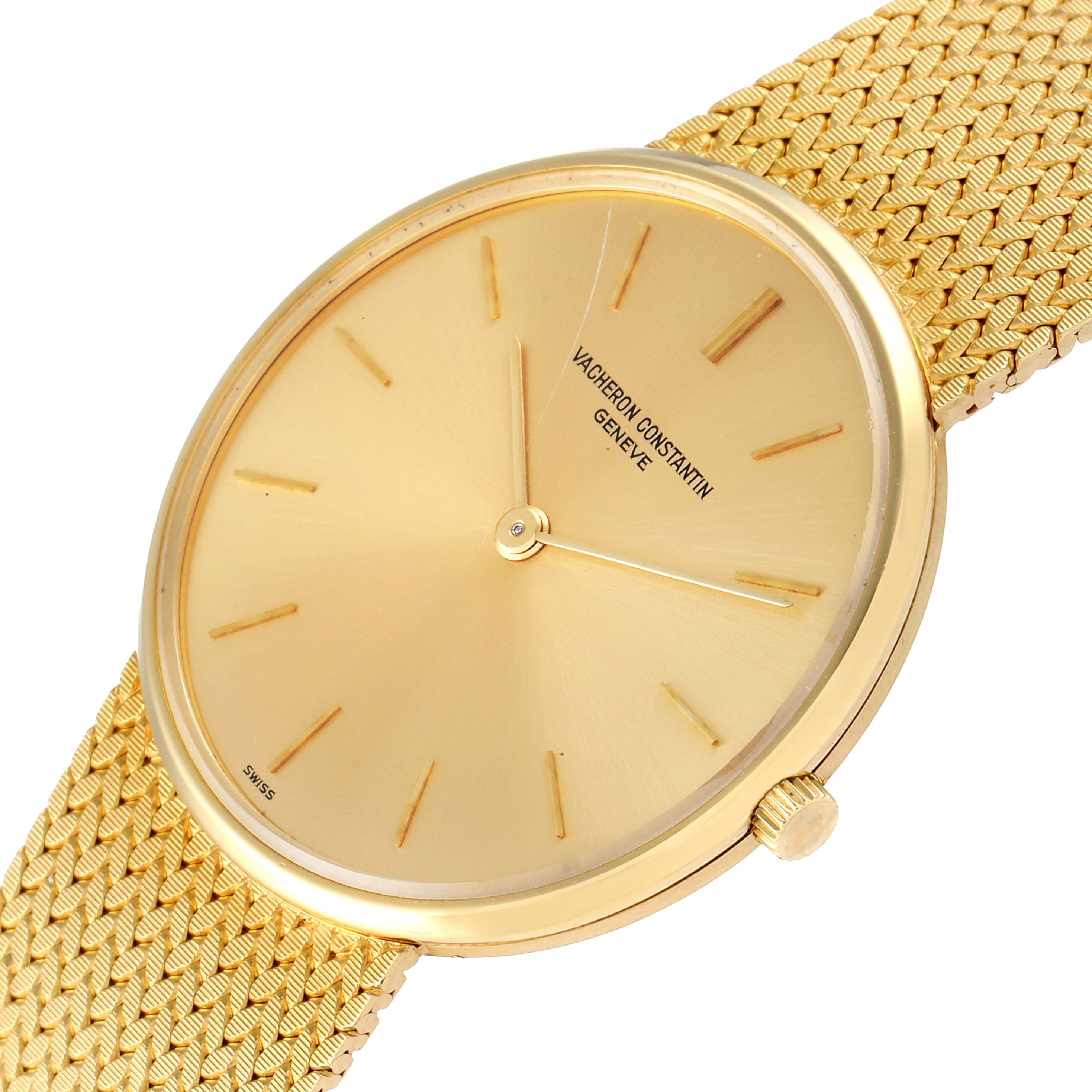 The image shows the gold-tone dial and mesh strap of a Vacheron Constantin Patrimony 6872 Men's Yellow Gold Champagne Dial 6872 Men's Yellow Gold Champagne Dial watch at an oblique angle.