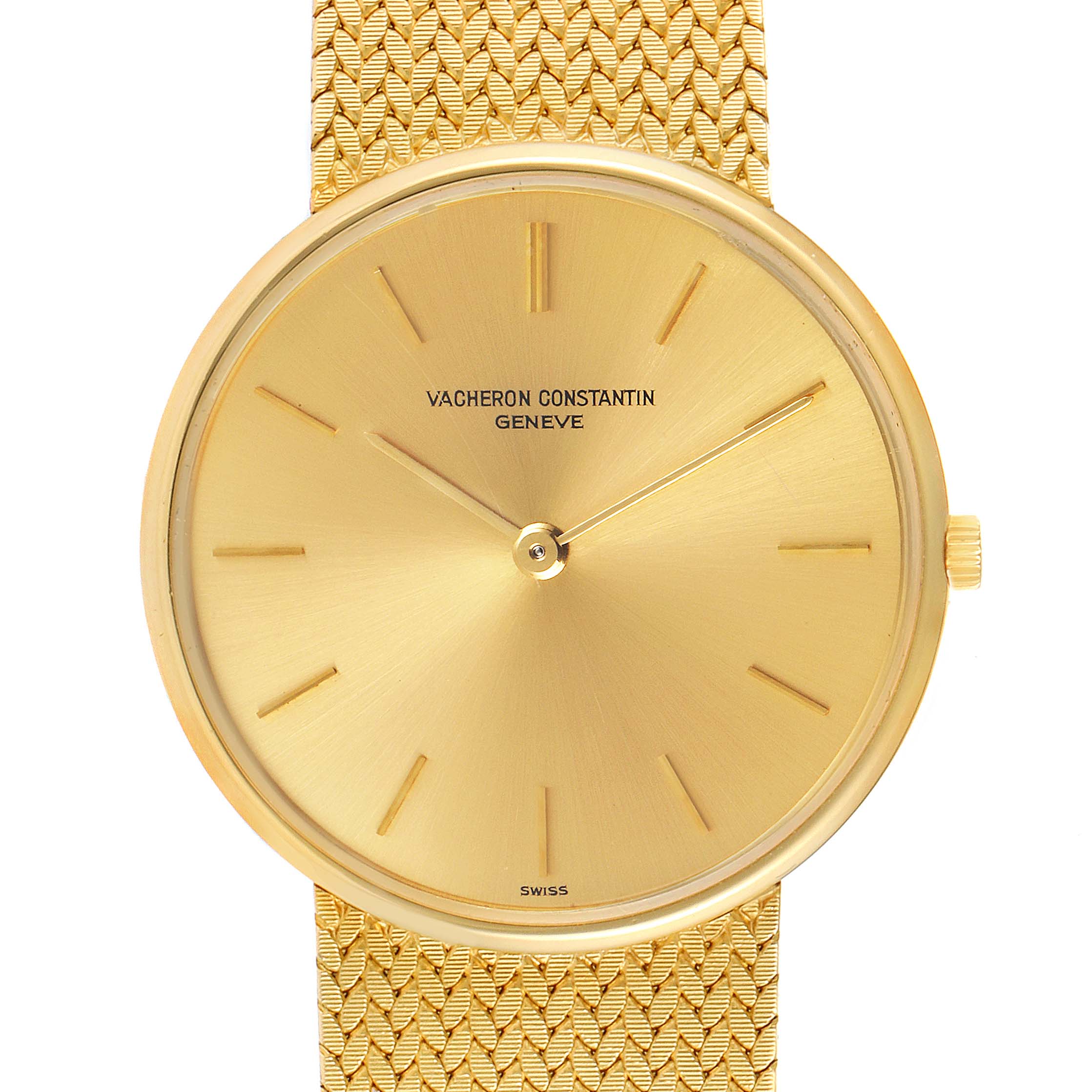This image shows a front view of the Vacheron Constantin Patrimony 6872 Men's Yellow Gold Champagne Dial 6872 Men's Yellow Gold Champagne Dial watch, highlighting the dial, hands, and part of the bracelet.
