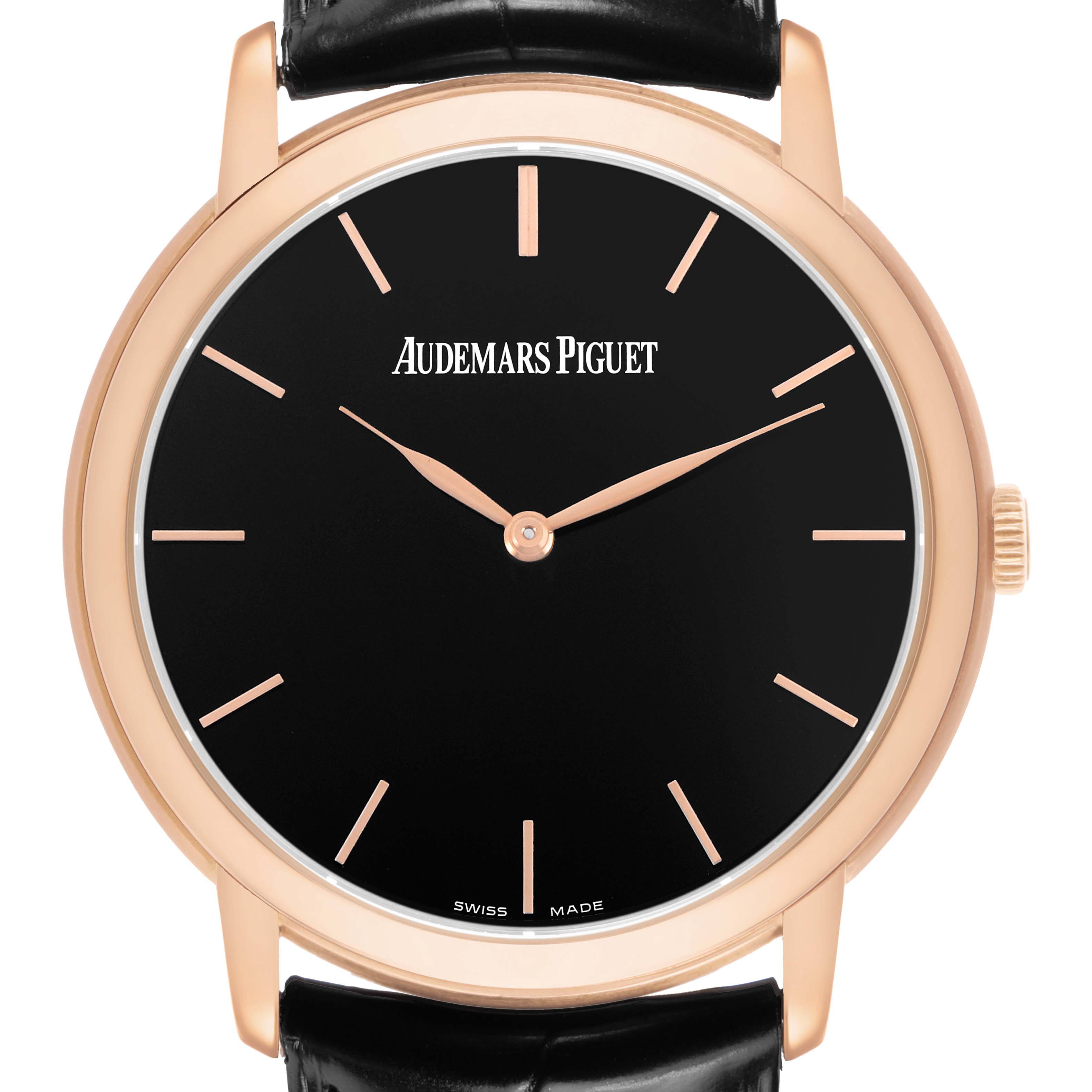 The Jules model by Audemars Piguet is shown from the front, highlighting the black dial, rose gold case, hands, and indices.