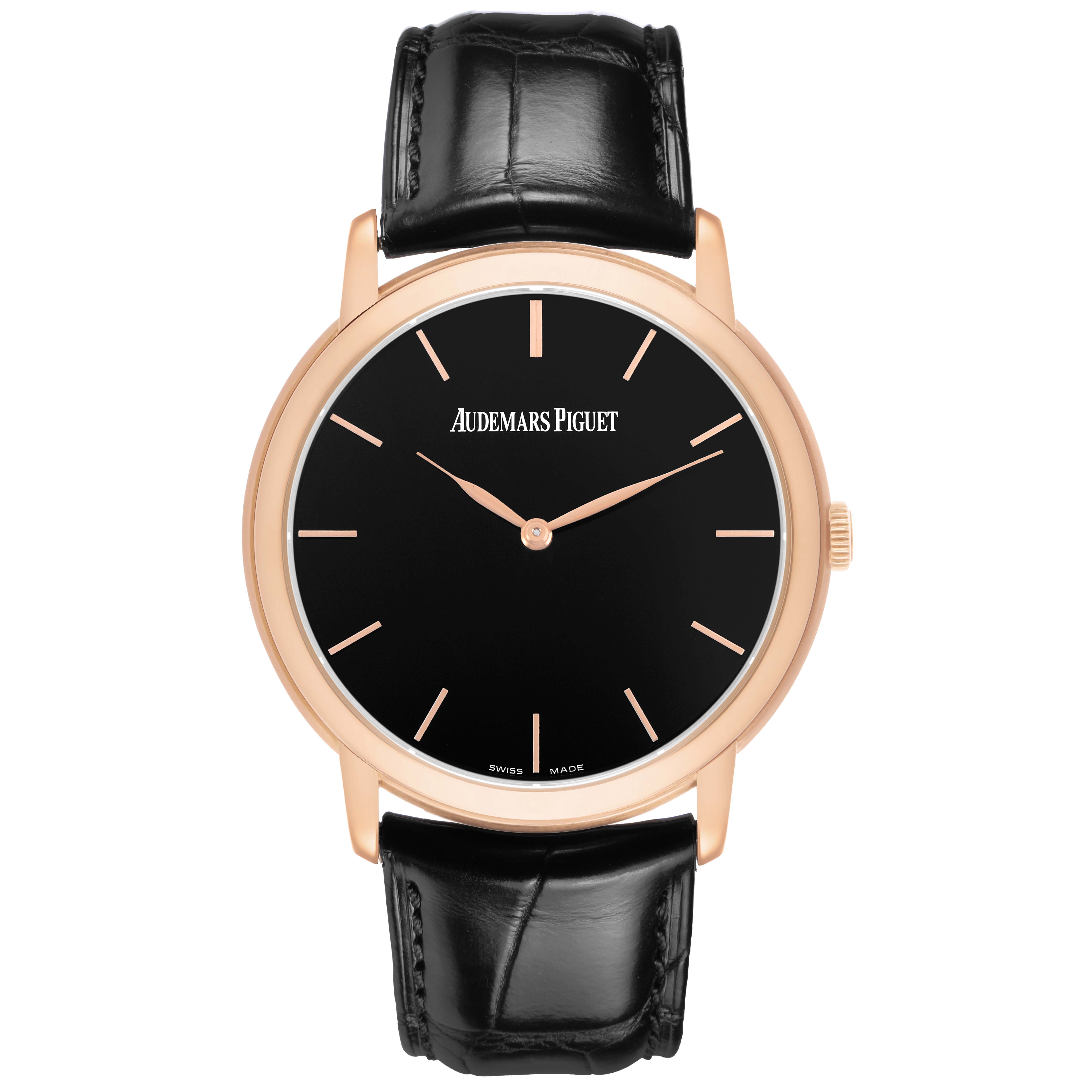 The image shows a front view of the Audemars Piguet Jules 15180OR Men's Rose Gold Black Dial watch, displaying its black dial and leather strap.