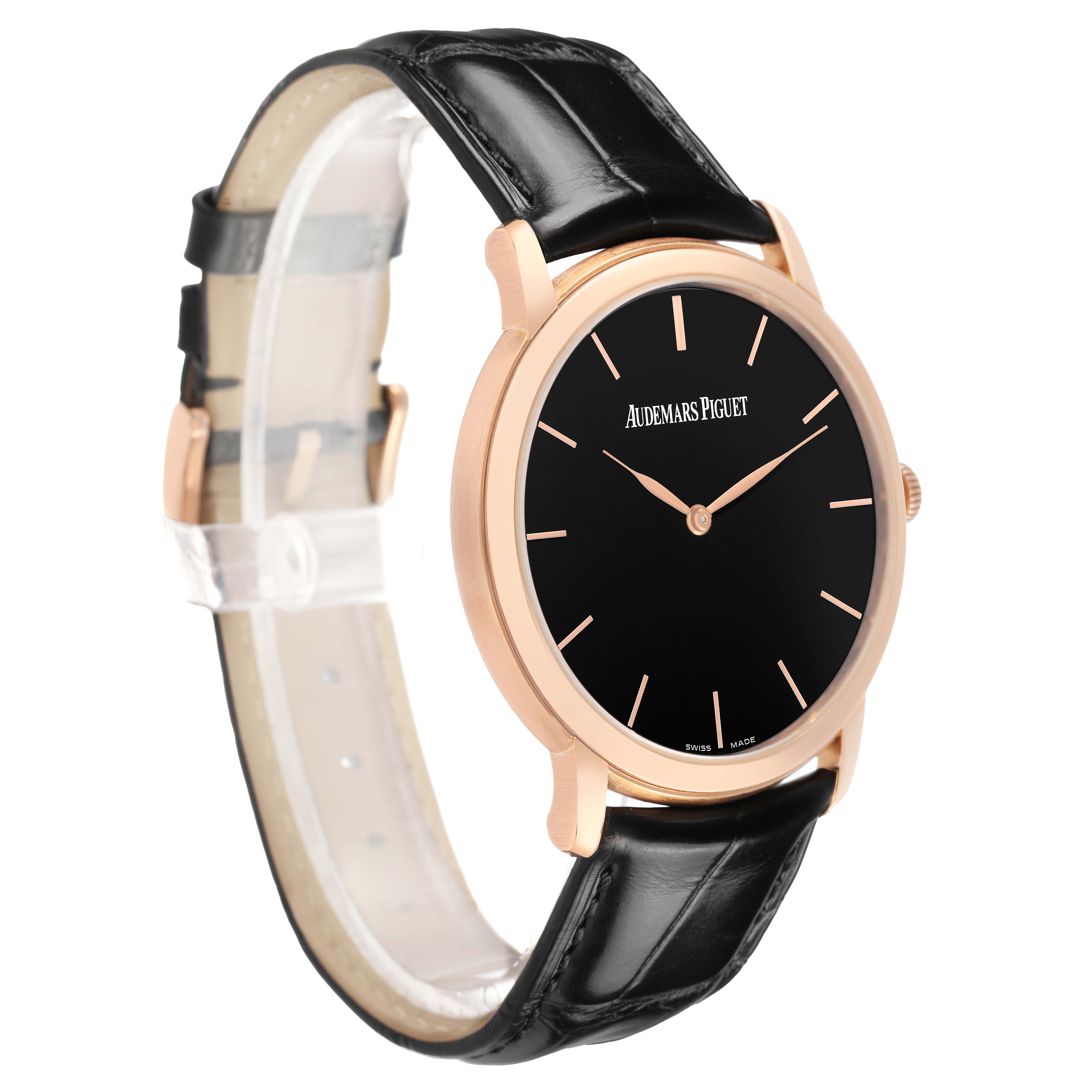 The Audemars Piguet Jules 15180OR Men's Rose Gold Black Dial watch is shown at a three-quarter angle, highlighting the black dial, rose gold case, and leather strap.