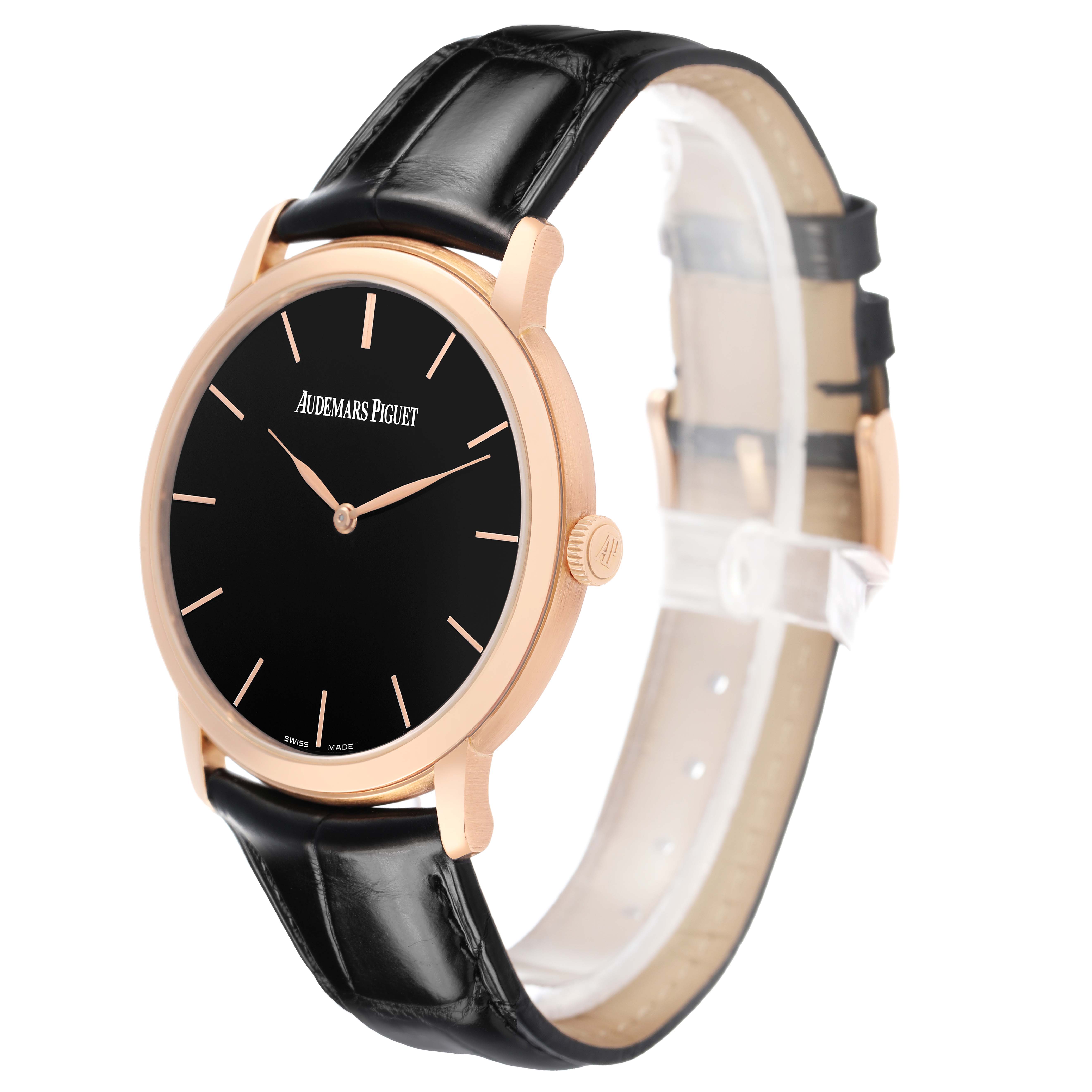 The Audemars Piguet Jules 15180OR Men's Rose Gold Black Dial watch is shown at a three-quarter angle, displaying its black dial, rose gold case, crown, and black leather strap.