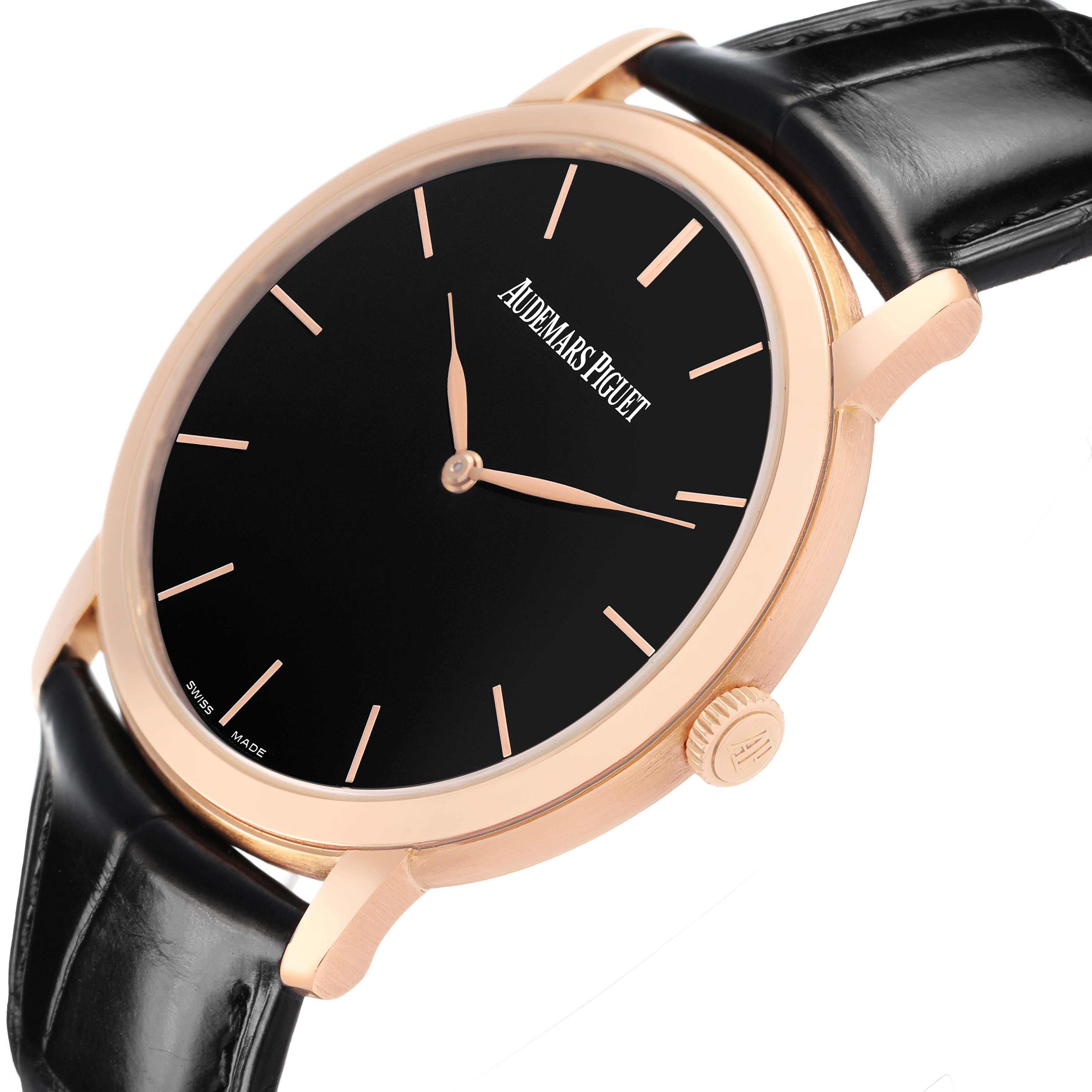 The Audemars Piguet Jules 15180OR Men's Rose Gold Black Dial watch is shown at a slight angle, highlighting the black dial, rose gold case, crown, and black leather strap.