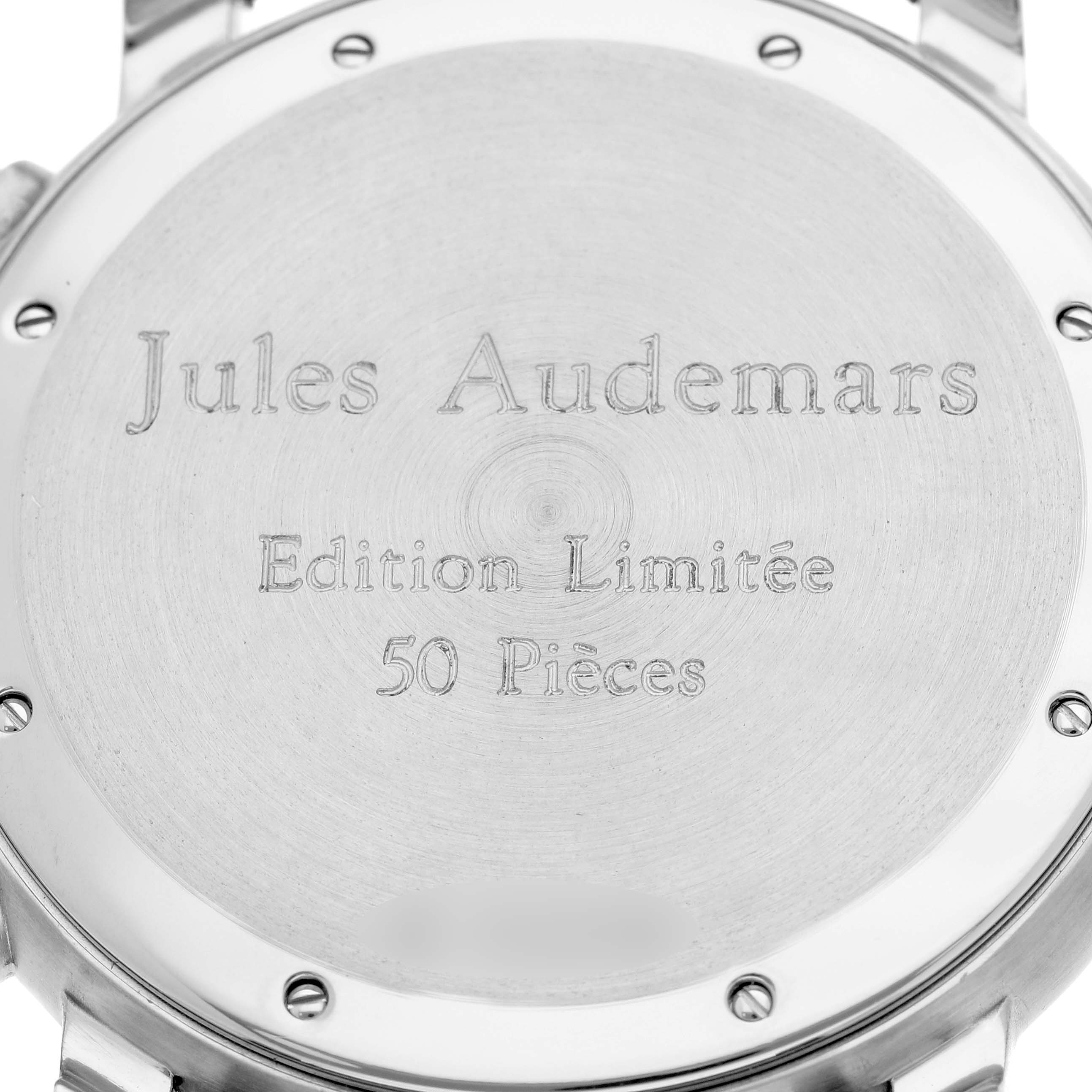 This image shows the back case of the Audemars Piguet Jules 25949IP.0.0001KE.01 Men's Titanium Green Dial 25949IP.0.0001KE.01 Men's Titanium Green Dial watch, indicating it is a limited edition with 50 pieces.