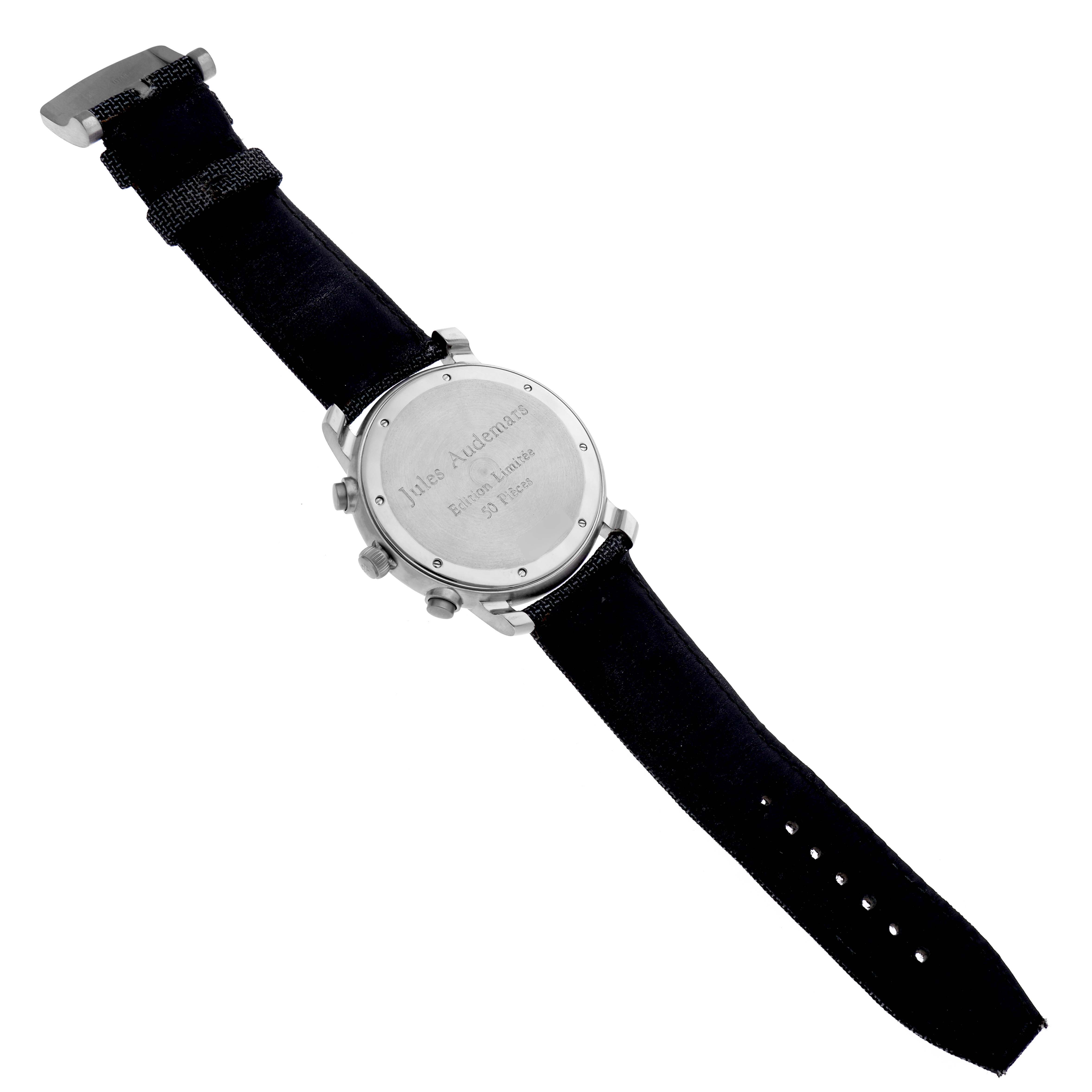 The image shows the back case and strap of a Jules model watch by Audemars Piguet, featuring engraved details on the case back.