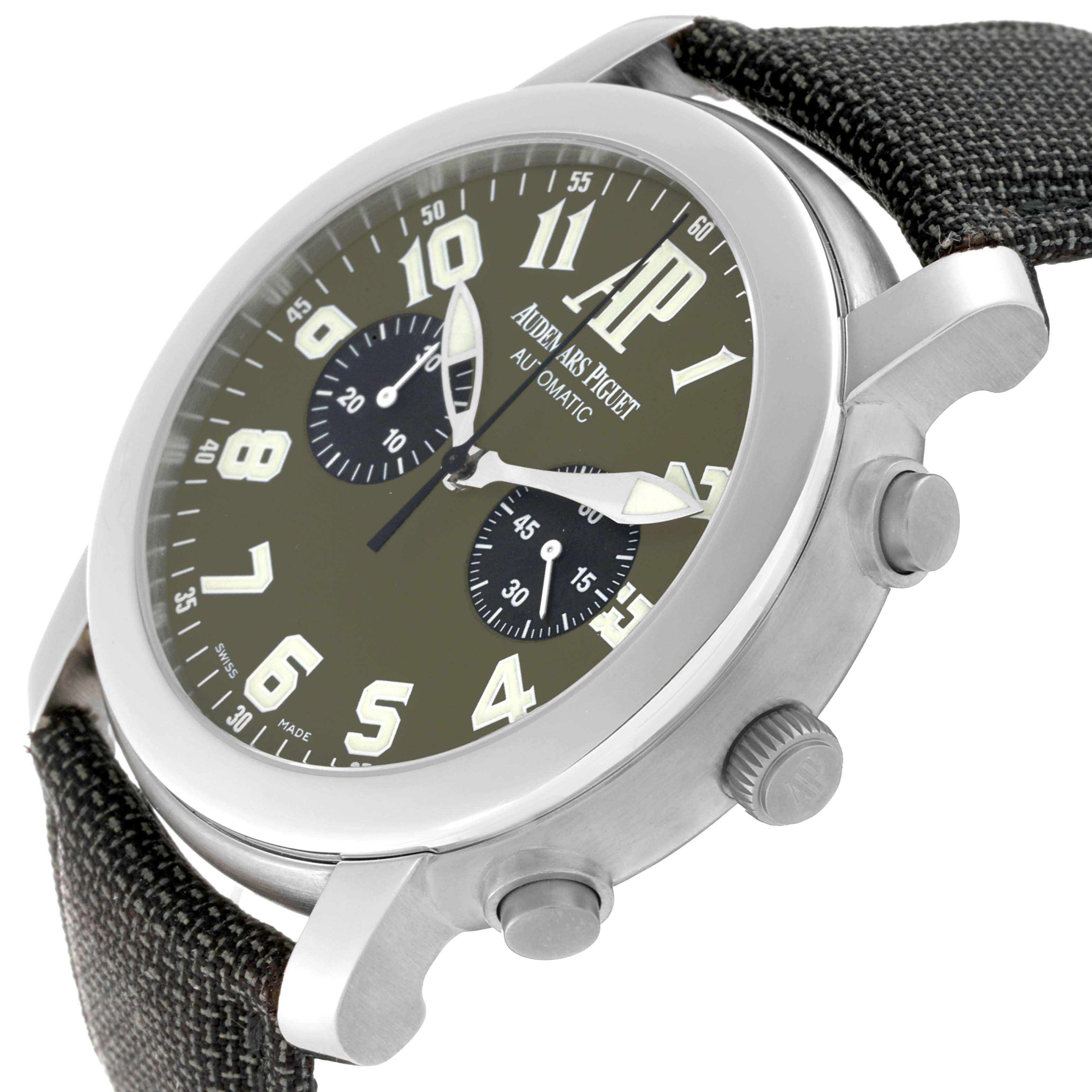 The image shows a side and partial top view of the Audemars Piguet Jules 25949IP.0.0001KE.01 Men's Titanium Green Dial 25949IP.0.0001KE.01 Men's Titanium Green Dial model watch, highlighting the crown, pushers, and dial.