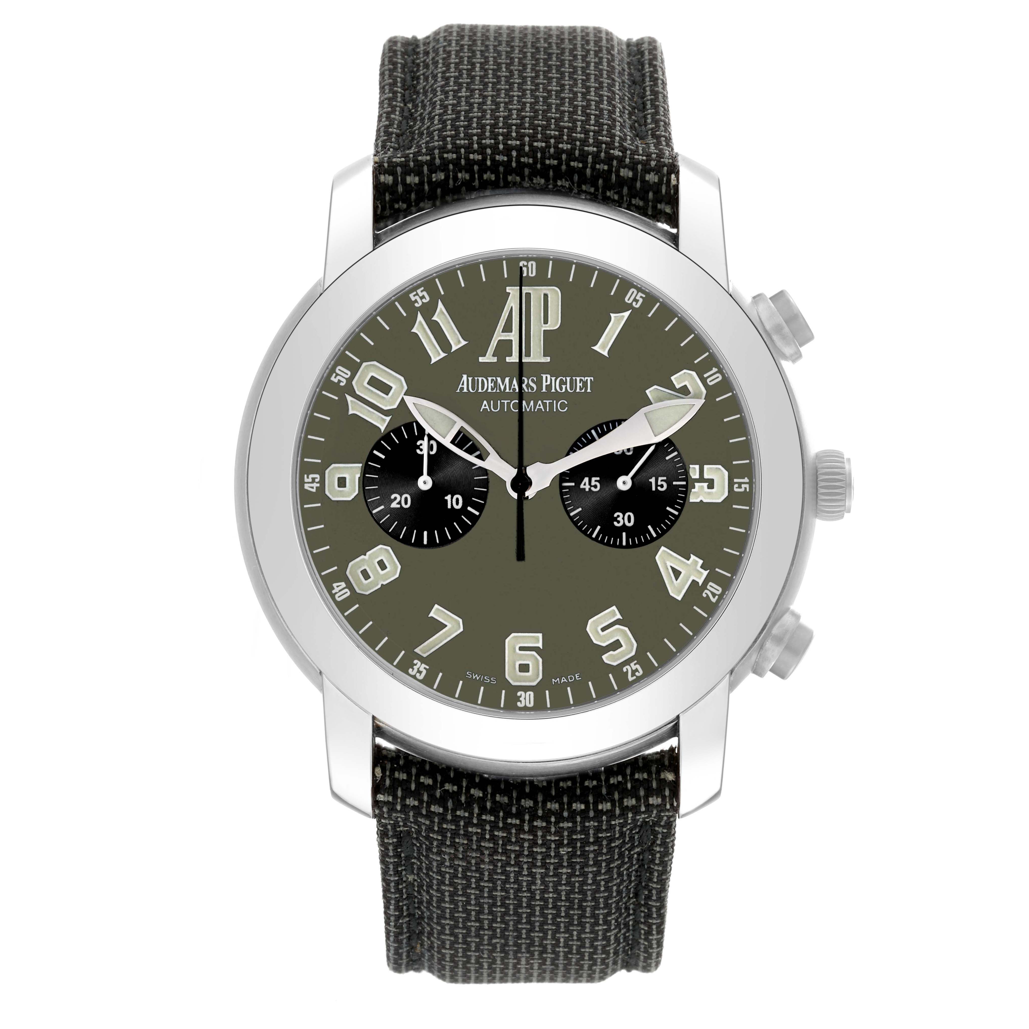 The image shows a front-facing view of the Audemars Piguet Jules 25949IP.0.0001KE.01 Men's Titanium Green Dial 25949IP.0.0001KE.01 Men's Titanium Green Dial model watch, highlighting the face, numerals, dials, and strap.