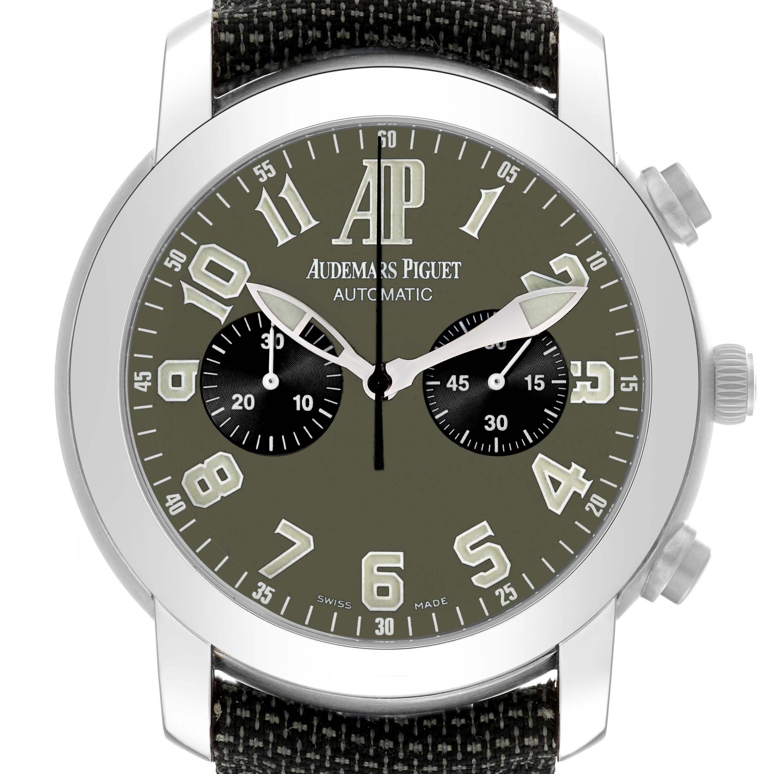 The image shows a front view of an Audemars Piguet Jules 25949IP.0.0001KE.01 Men's Titanium Green Dial 25949IP.0.0001KE.01 Men's Titanium Green Dial model watch, highlighting its dial, hands, and chronograph subdials.