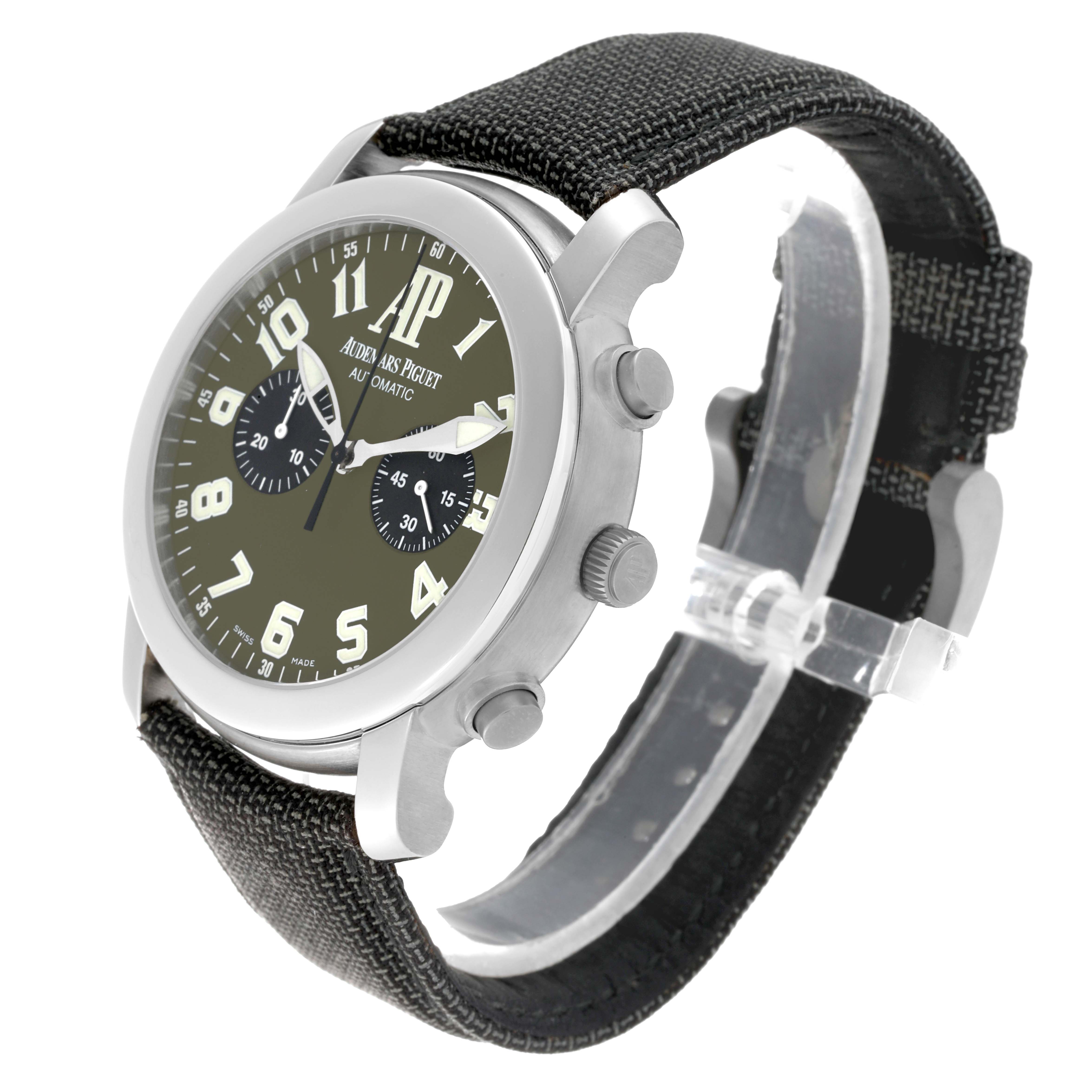 The image shows the Jules model by Audemars Piguet from a high angle, highlighting the face, crown, pushers, and strap.