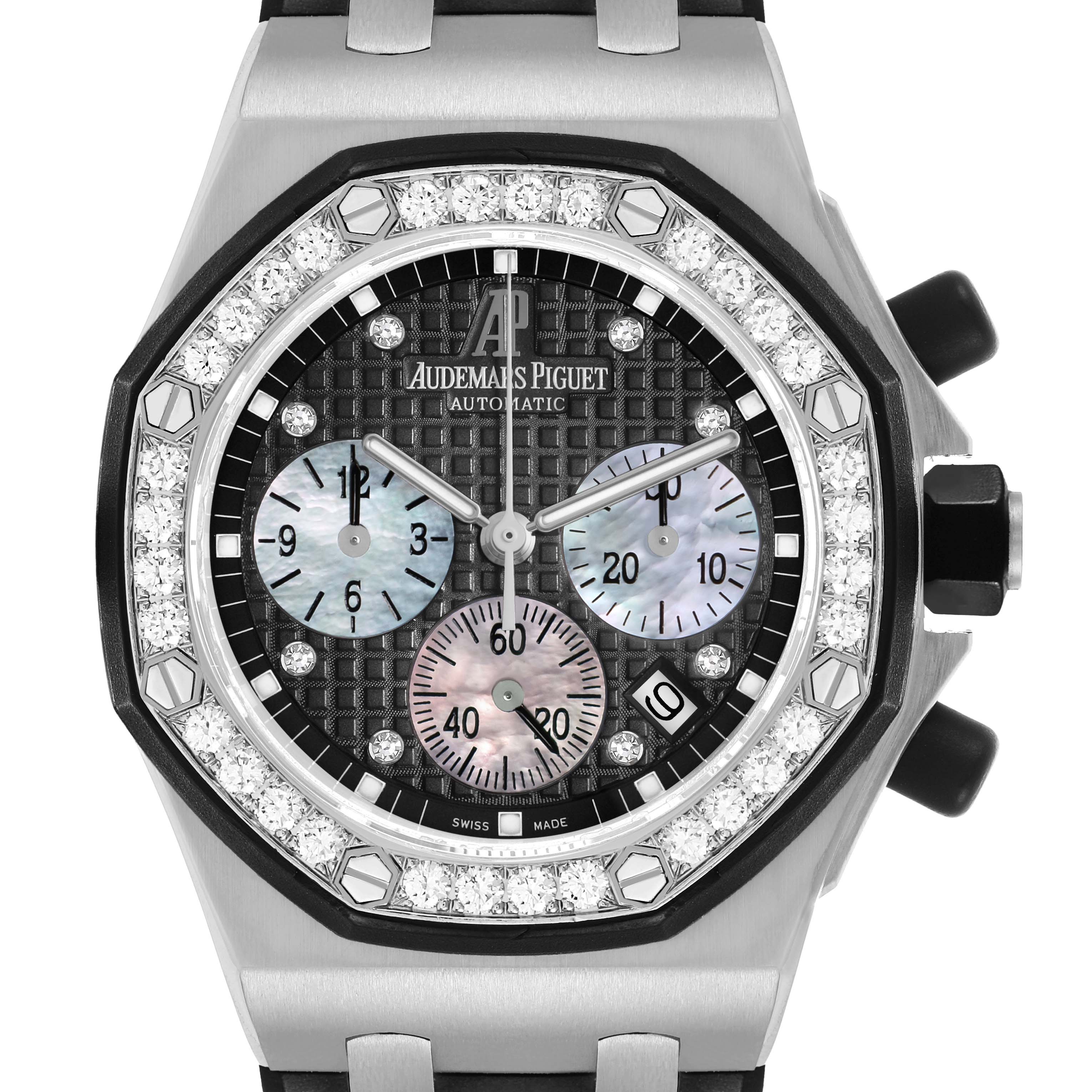 The Audemars Piguet Royal Oak Offshore 26036SK.ZZ.D002CA.01 Women's Stainless Steel Black Dial watch is shown from the front, highlighting its bezel, subdials, and pushers.