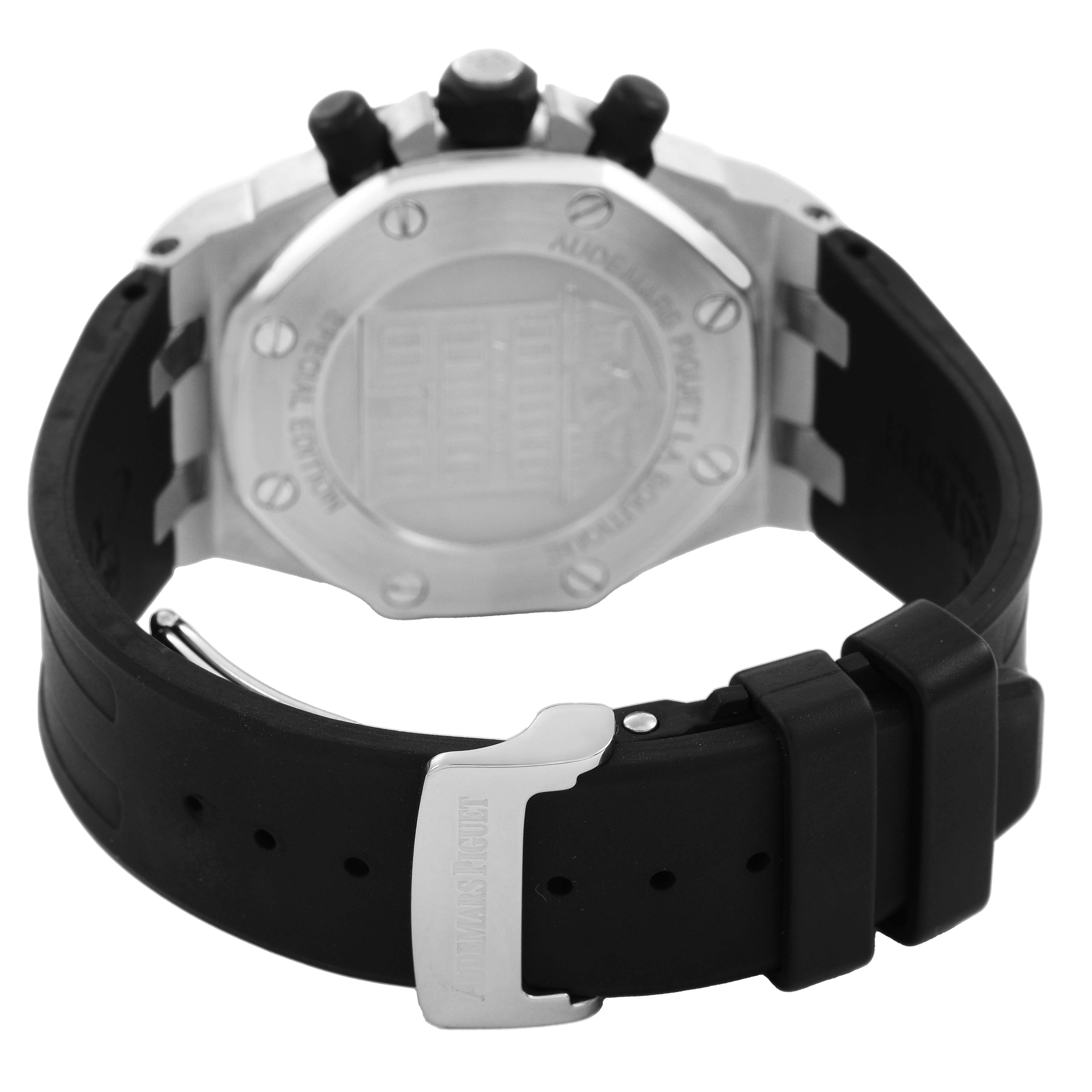 The image shows the back and side of a Royal Oak Offshore by Audemars Piguet, highlighting the case back, strap, and buckle.