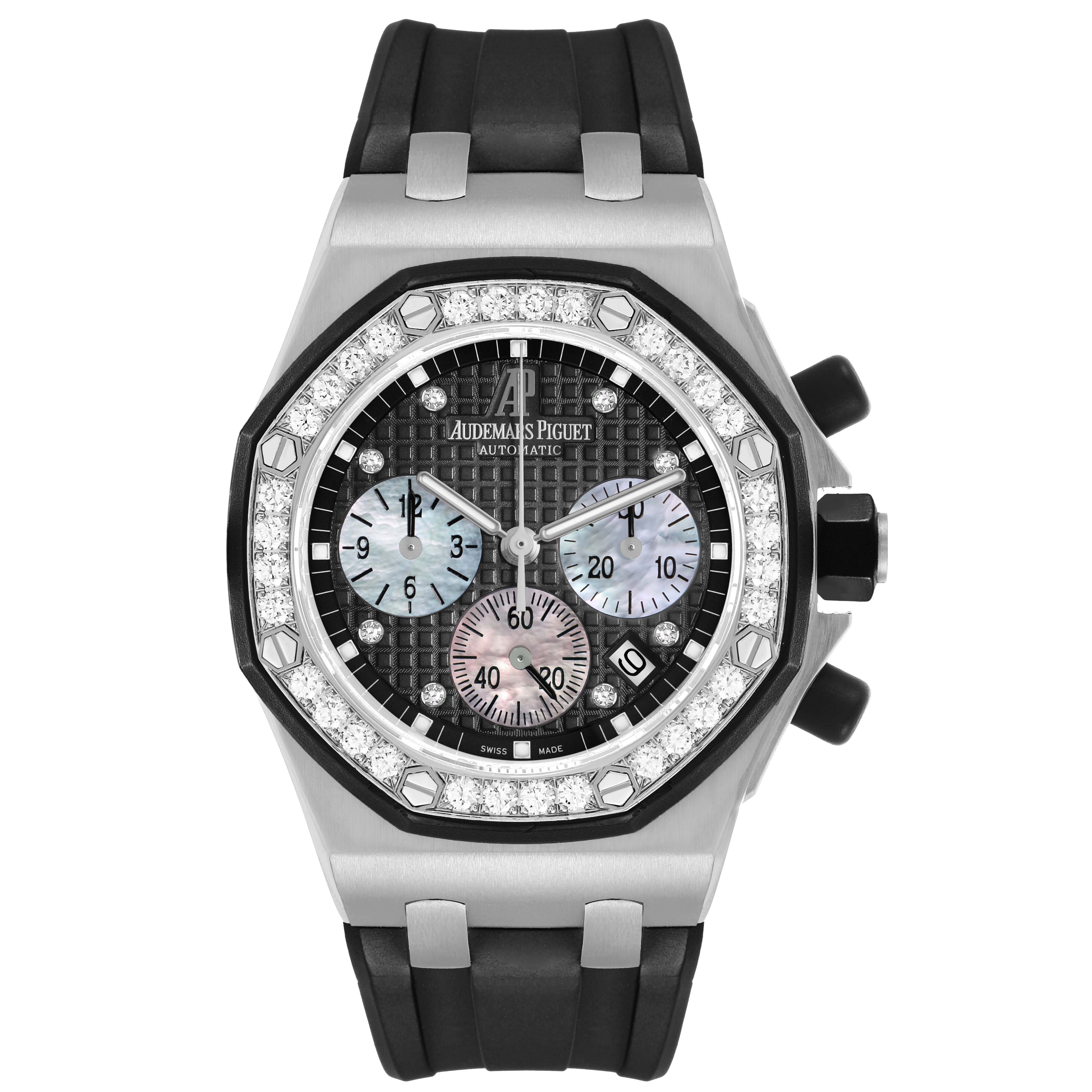 The image shows a front view of the Audemars Piguet Royal Oak Offshore 26036SK.ZZ.D002CA.01 Women's Stainless Steel Black Dial model, highlighting the dial, bezel, and strap.