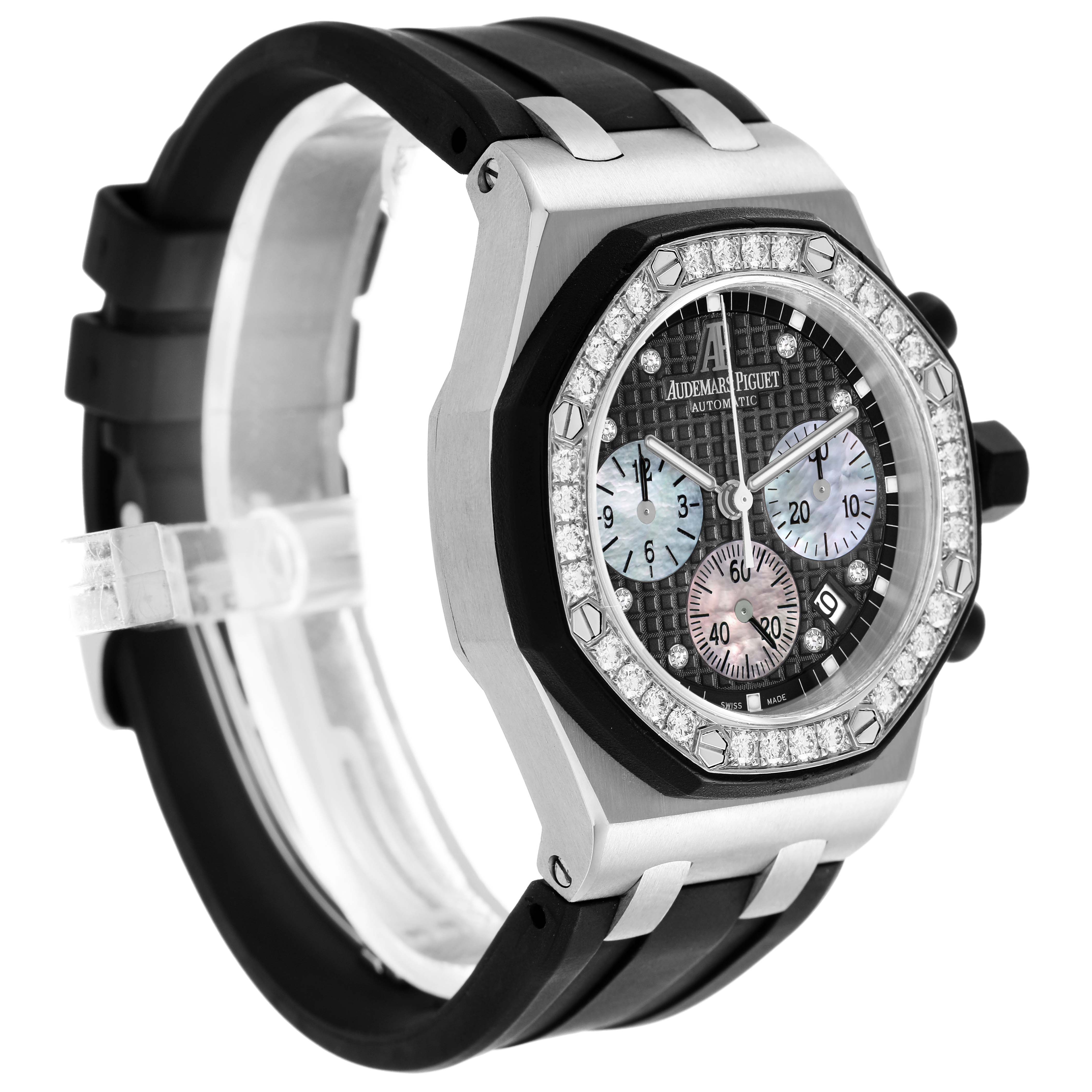 The image shows a side perspective of the Audemars Piguet Royal Oak Offshore 26036SK.ZZ.D002CA.01 Women's Stainless Steel Black Dial, highlighting its bezel, dial, and strap.