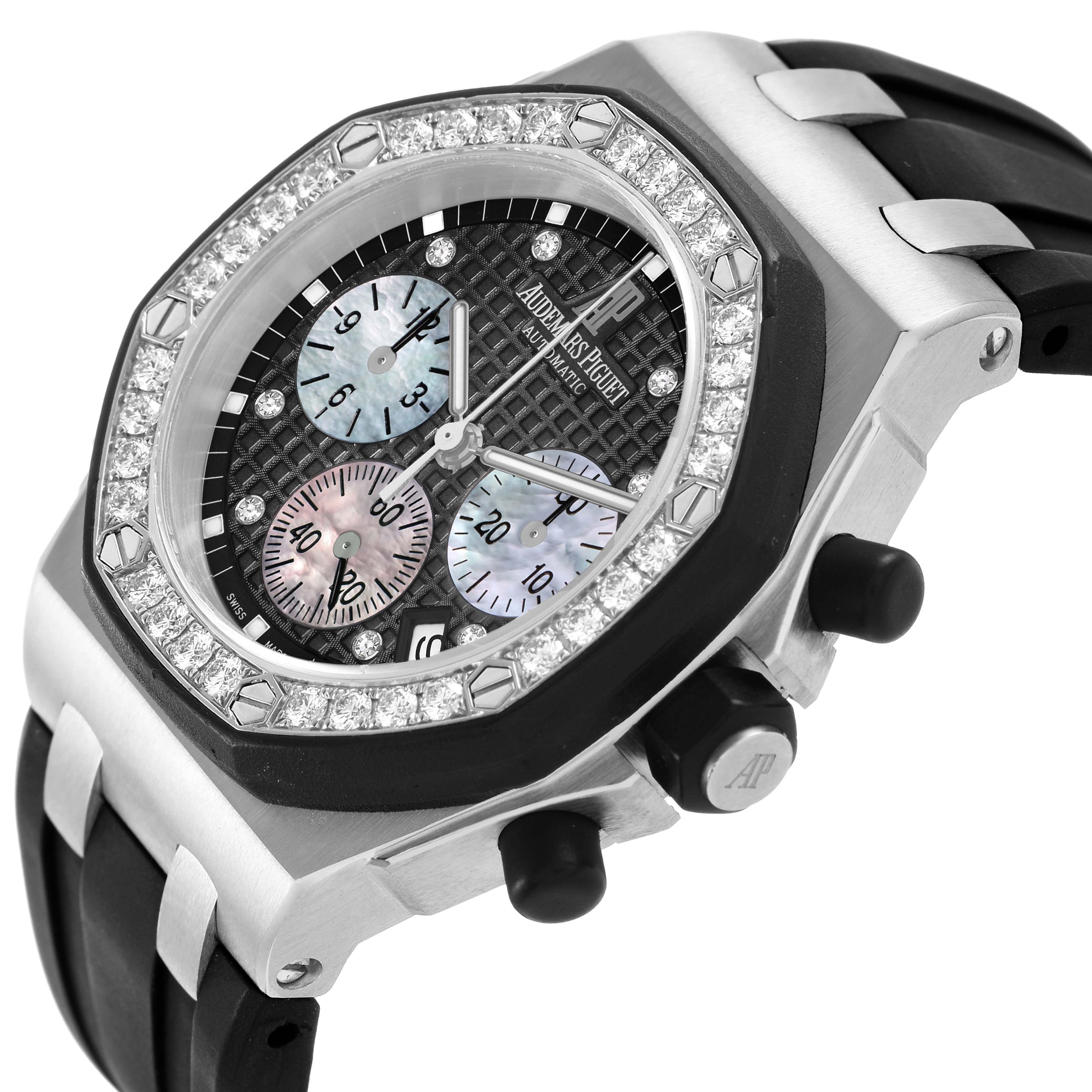 The image shows a side angle of the Audemars Piguet Royal Oak Offshore 26036SK.ZZ.D002CA.01 Women's Stainless Steel Black Dial, highlighting the bezel, dial, chronograph subdials, and strap.